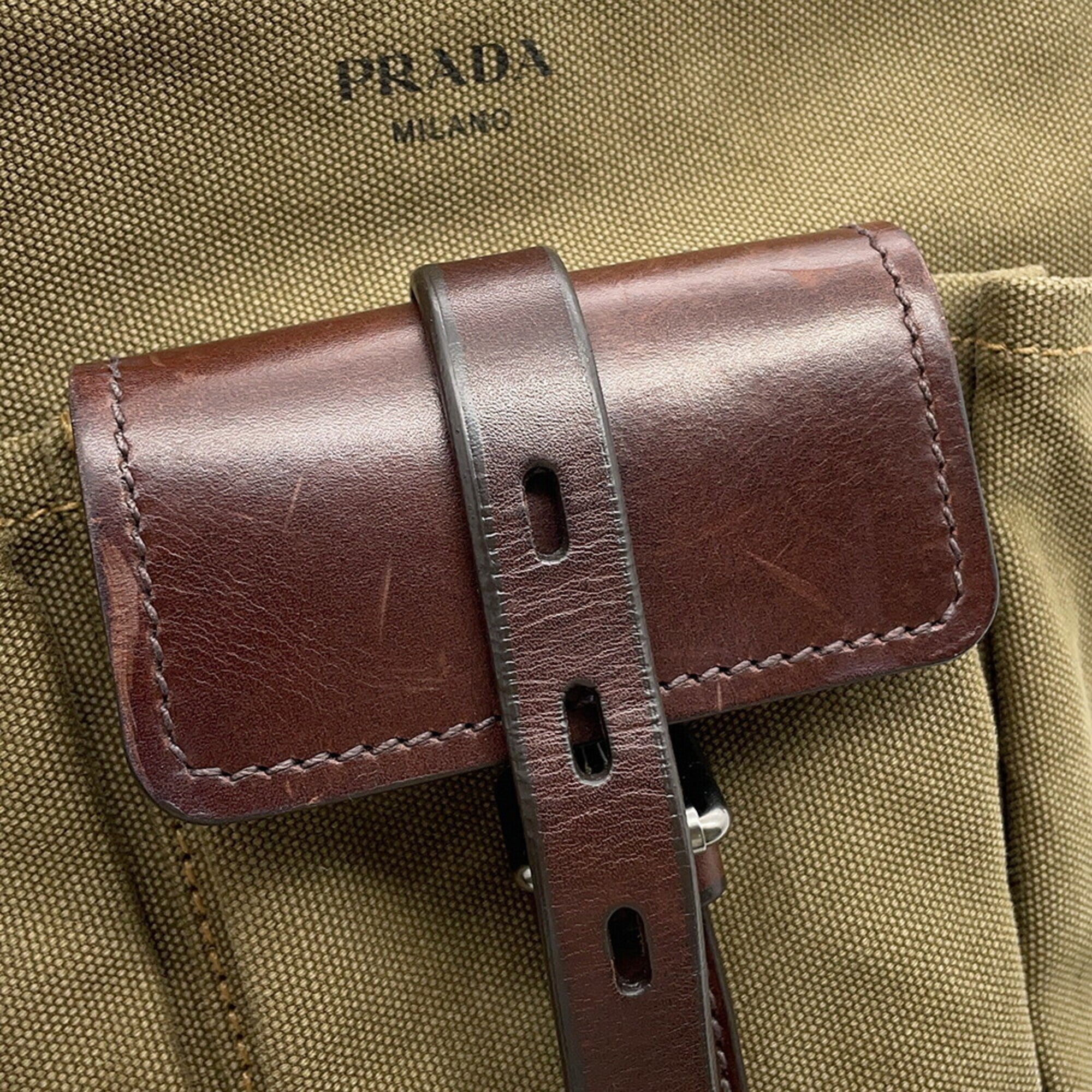 Prada Khaki Brown Canvas Leather Handbag Shoulder Bag (Pre-Owned)
