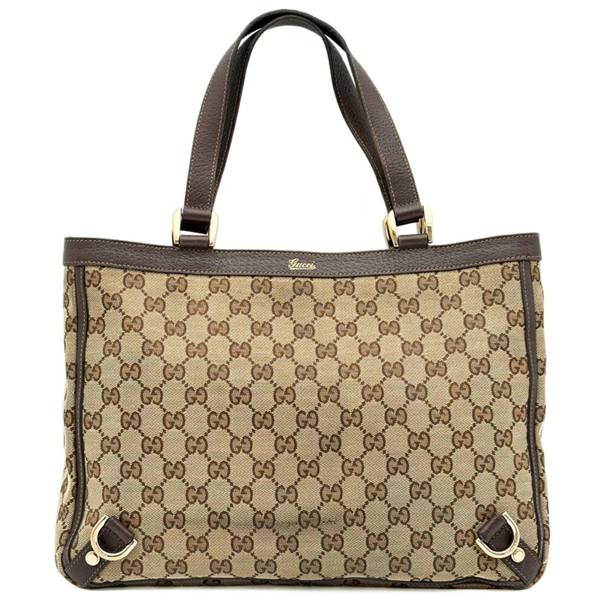 Gucci Beige Dark Brown Gg Canvas Leather Tote Bag (Pre-Owned)