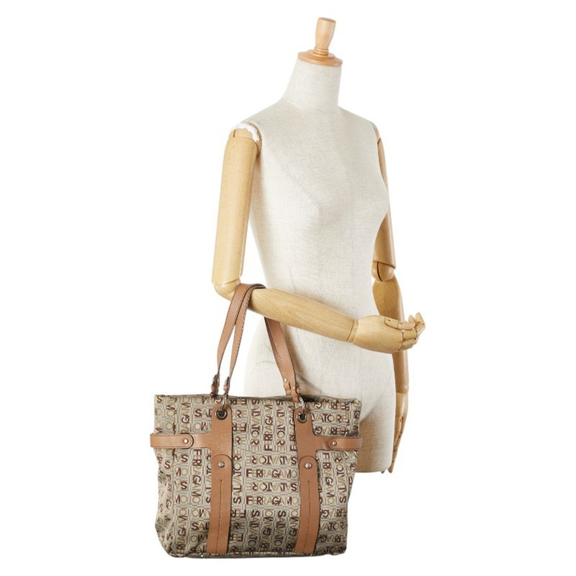 Salvatore Ferragamo Beige Gray Canvas Leather Shoulder Bag Tote Bag (Pre-Owned)