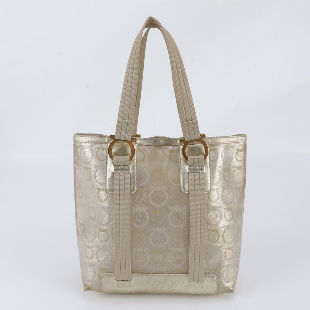 Salvatore Ferragamo Clear Gold Leather Coated Canvas Handbag Shoulder Bag Tote Bag (Pre-Owned)