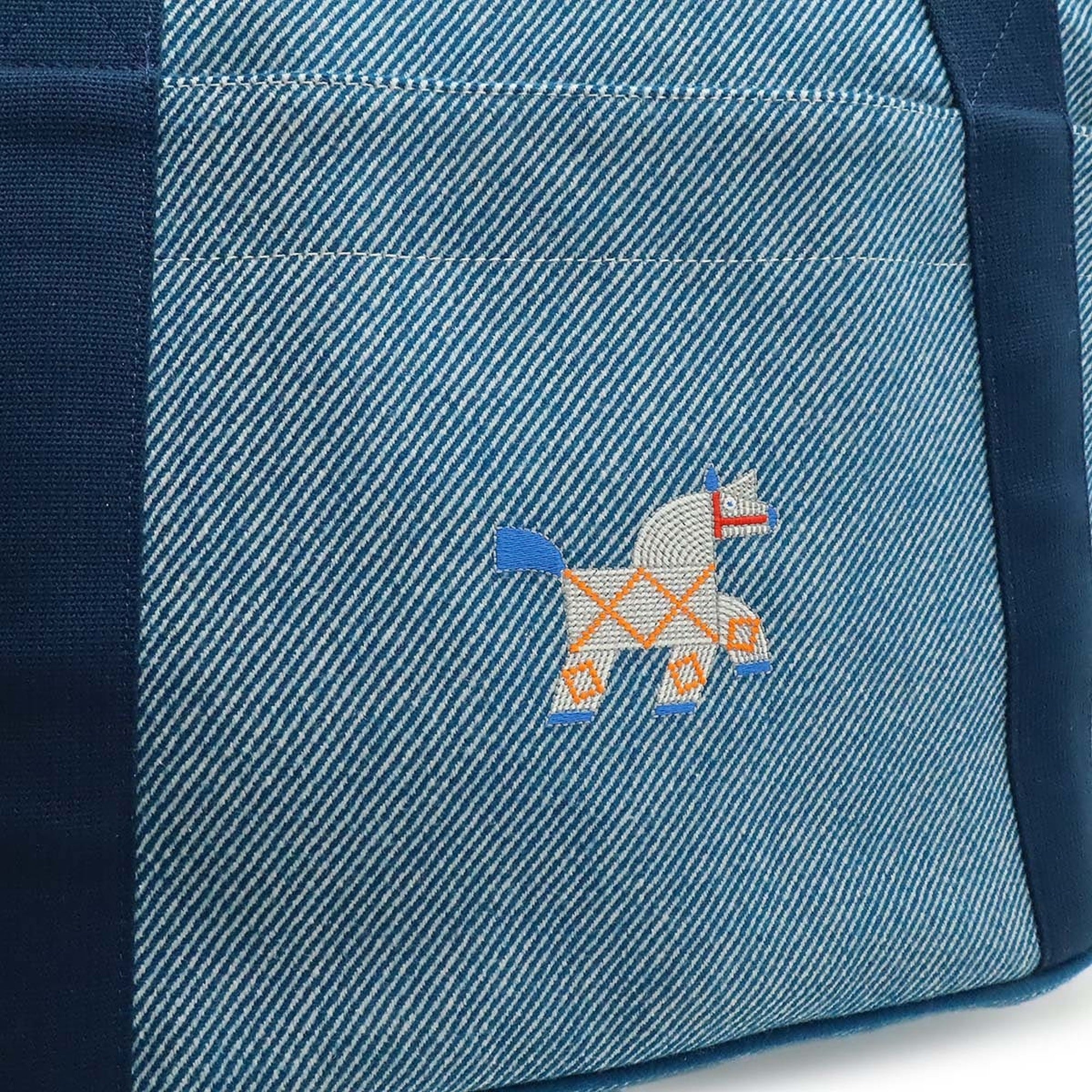 Hermes Blue Natural Wool Cotton Shoulder Bag Tote Bag (Pre-Owned)