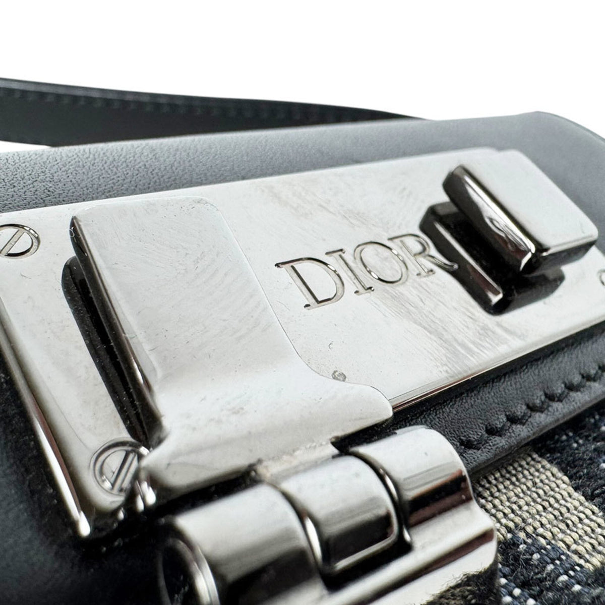 Christian Dior Black Navy Leather Canvas Shoulder Bag (Pre-Owned)