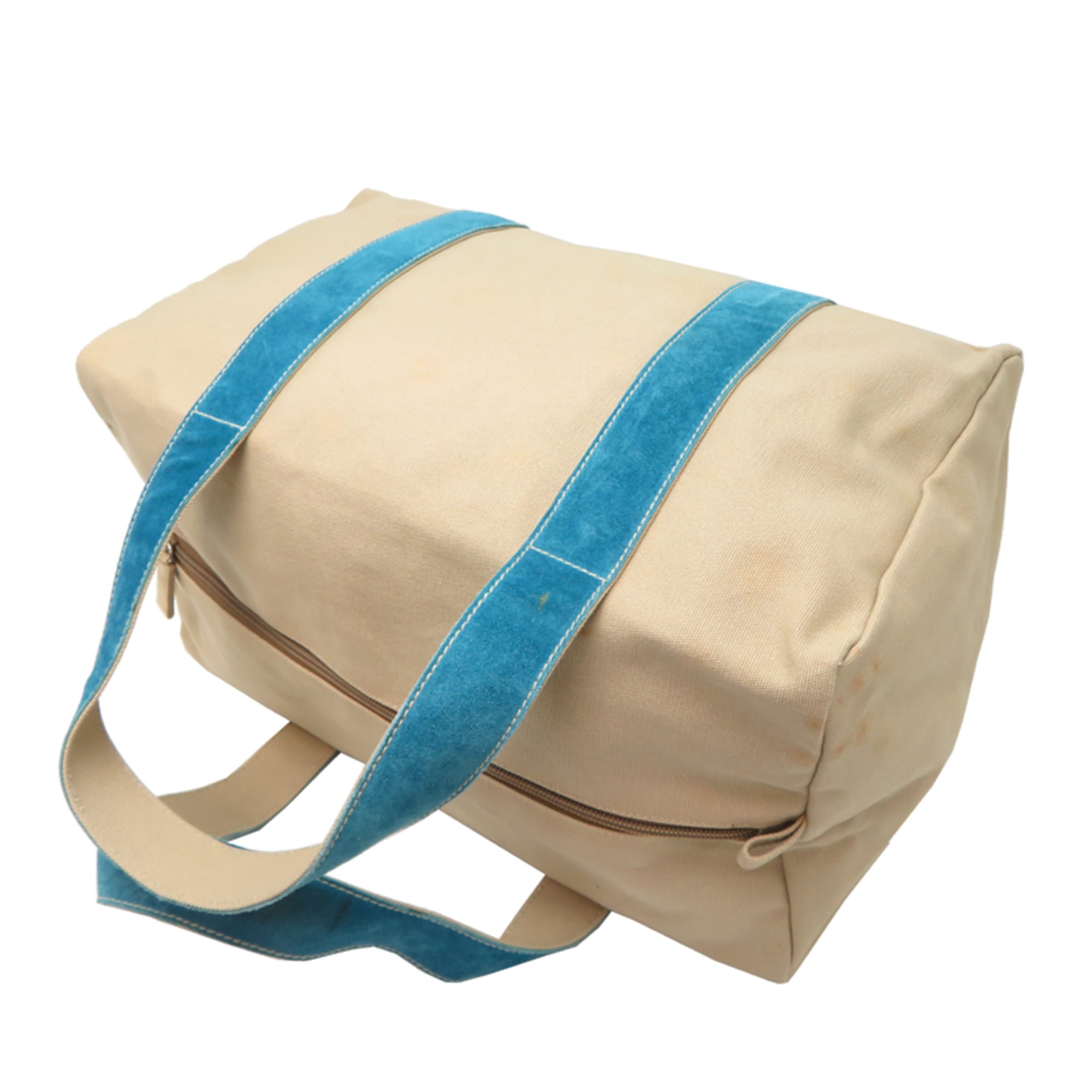 Prada Beige Blue Canvas Leather Tote Bag (Pre-Owned)