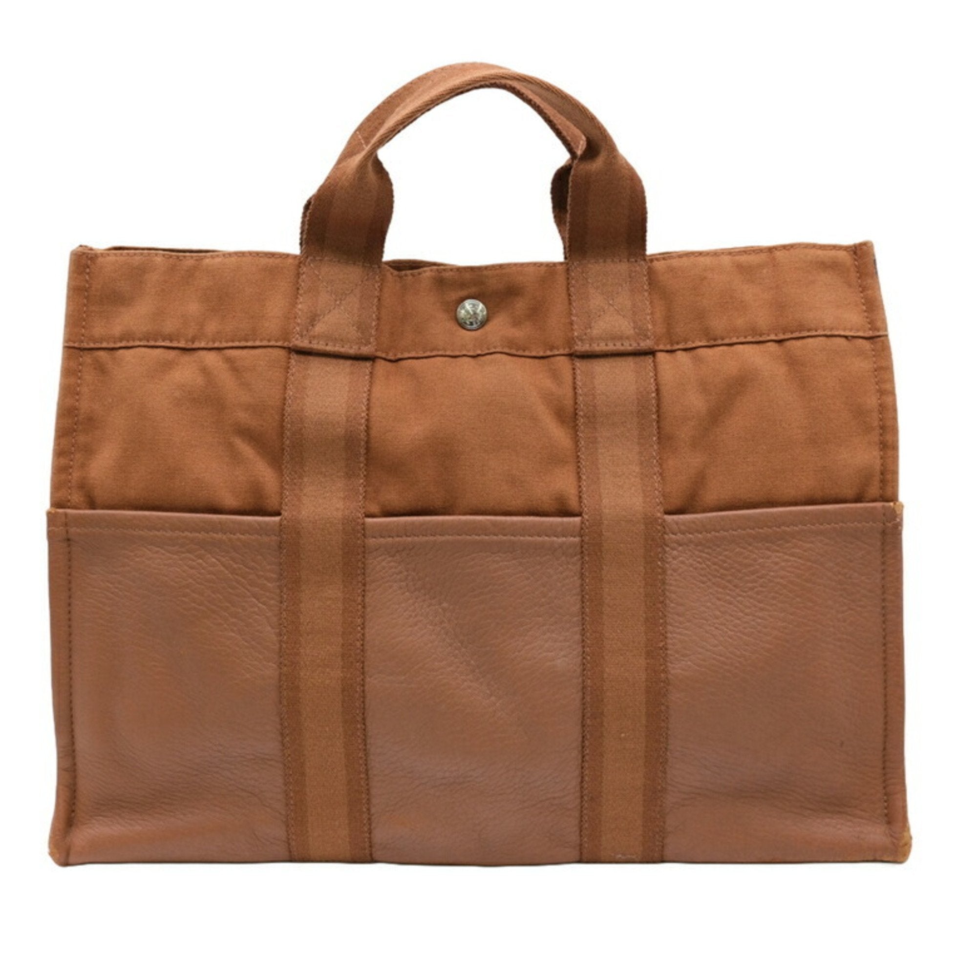 Hermes Brown Canvas Leather Handbag Tote Bag (Pre-Owned)