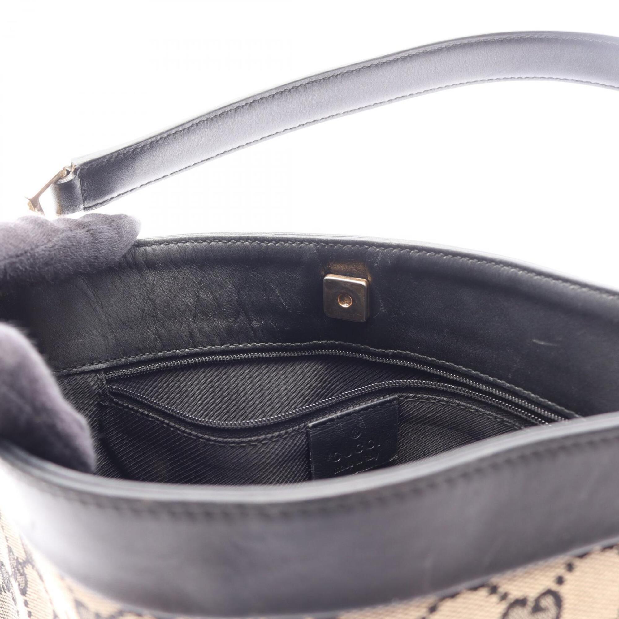 Gucci Beige Black Canvas Leather Shoulder Bag (Pre-Owned)