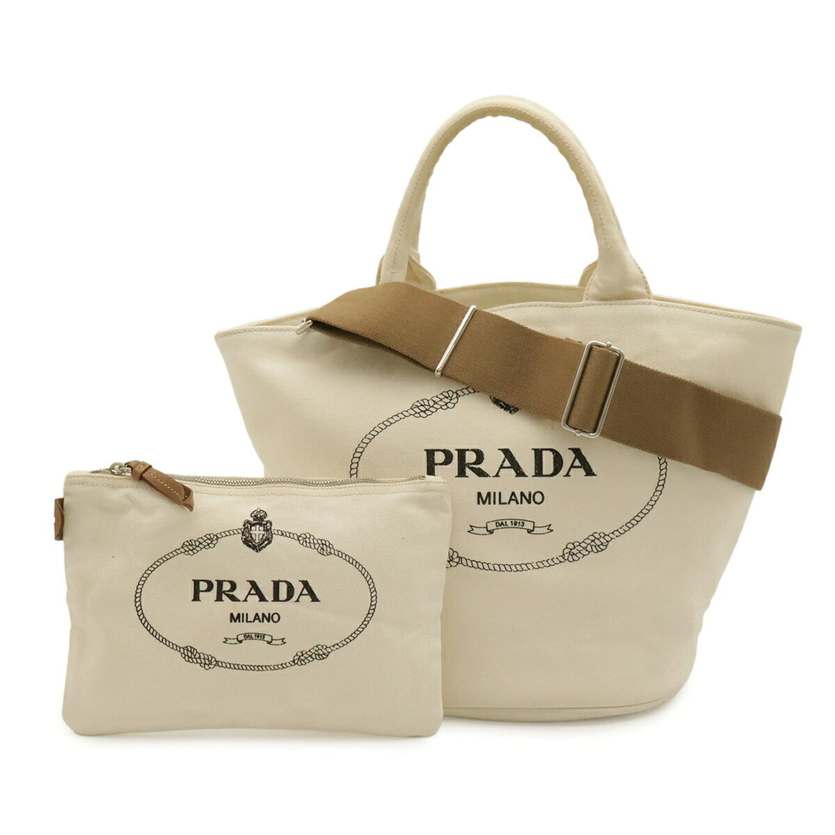 Prada Ivory White Yellow Canapa Handbag Pouch Shoulder Bag Tote Bag (Pre-Owned)