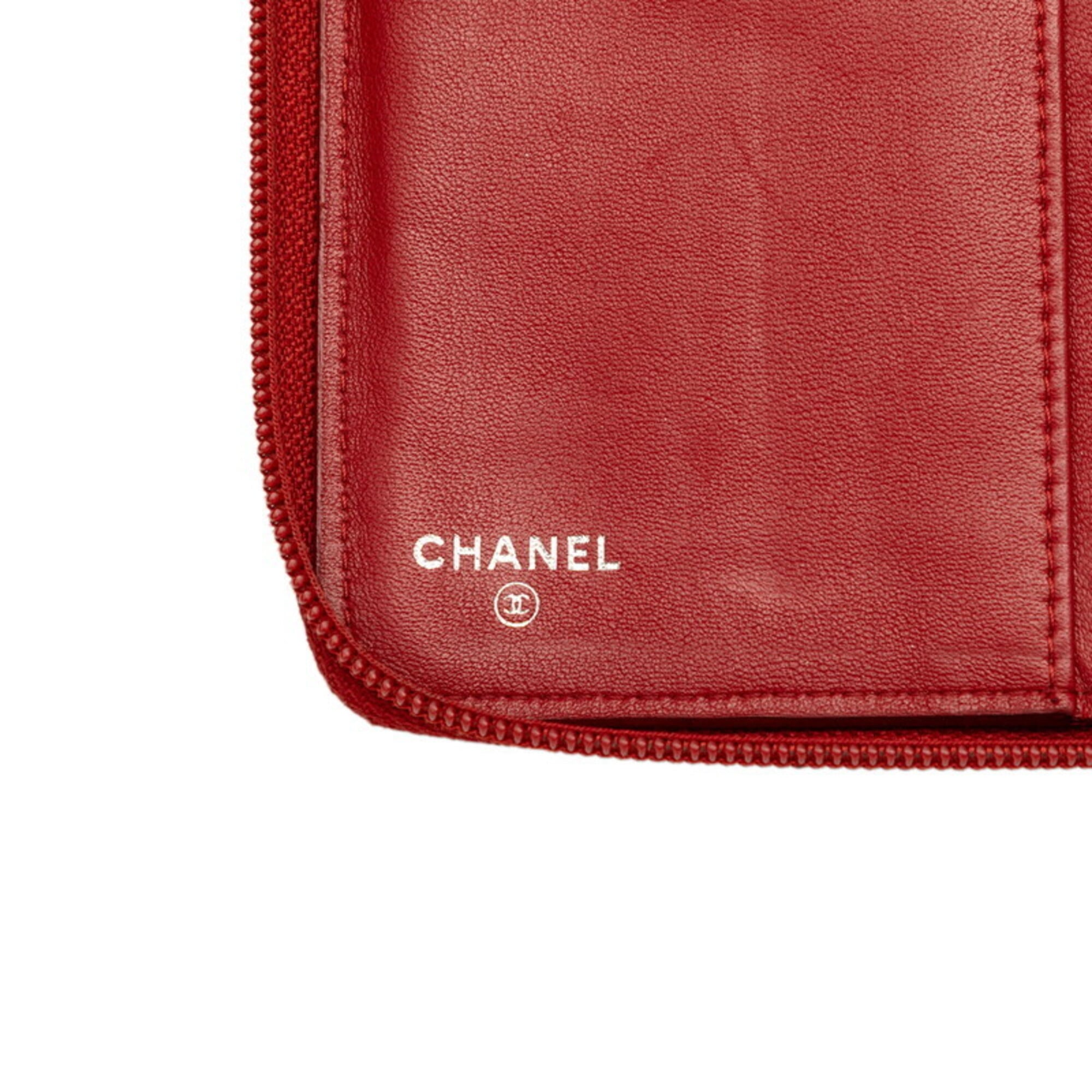 Chanel Red Color Leather Long Wallet (Bi-Fold) (Pre-Owned)