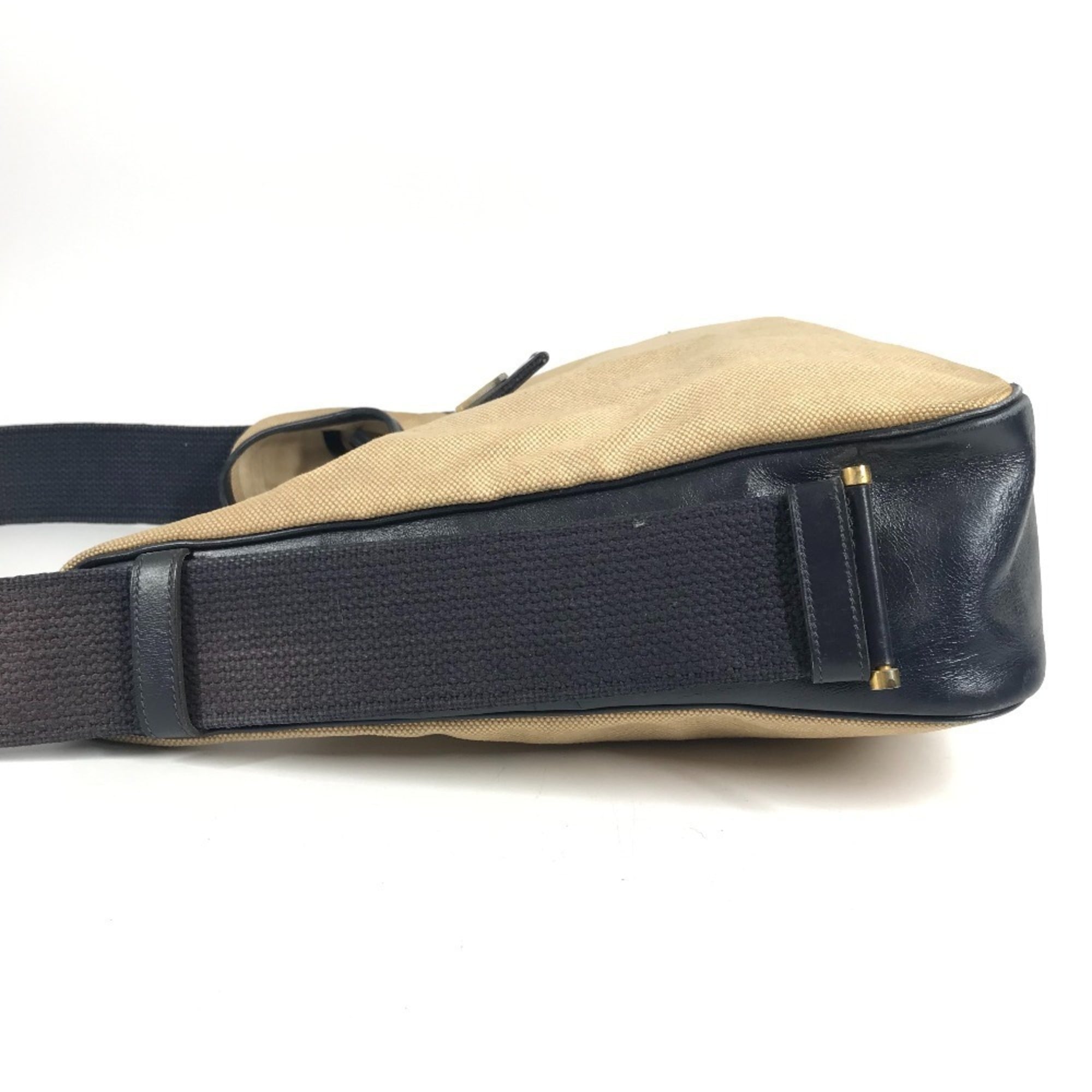 Hermes Beige Navy Leather Canvas Shoulder Bag (Pre-Owned)