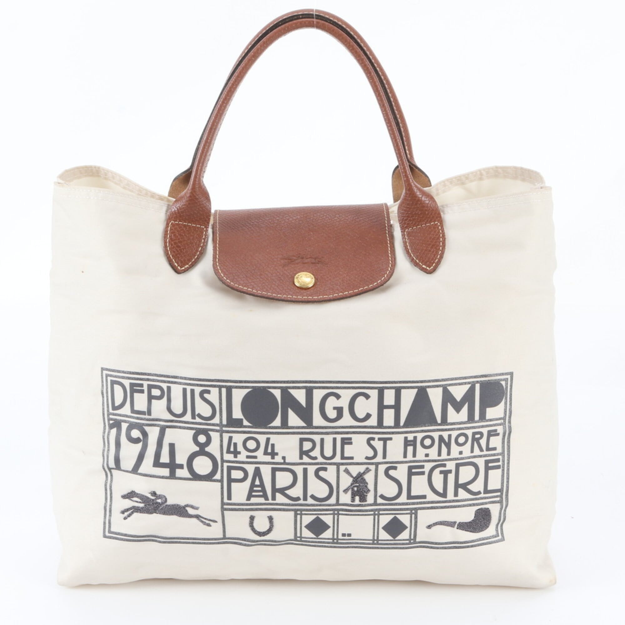 Longchamp Ivory Leather Nylon Handbag Shoulder Bag Tote Bag (Pre-Owned)