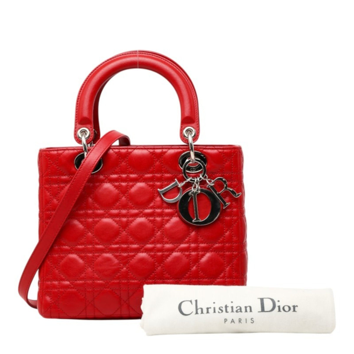 Christian Dior Lady Dior Red Color Leather Handbag Shoulder Bag (Pre-Owned)