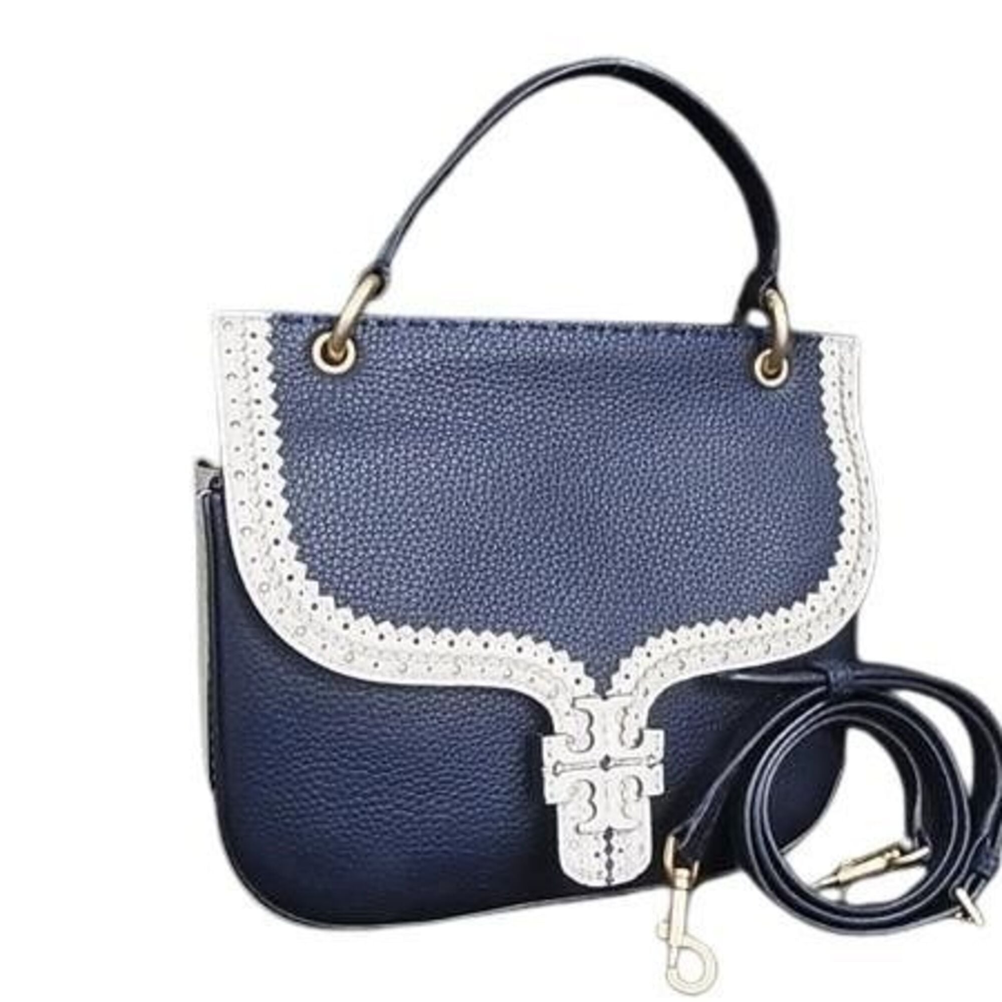 Tory Burch Ivory Navy Leather Shoulder Bag (Pre-Owned)