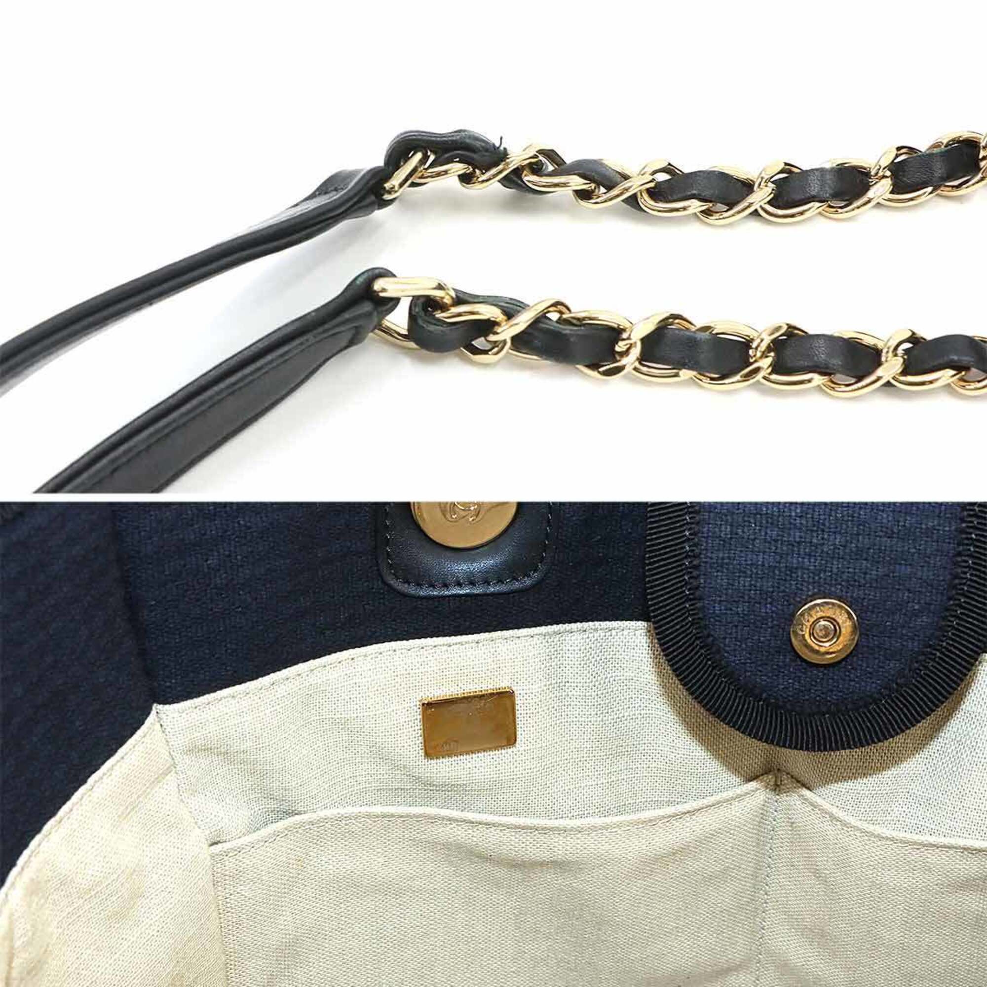 Chanel Navy Canvas Leather Handbag Shopping Bag Tote Bag (Pre-Owned)