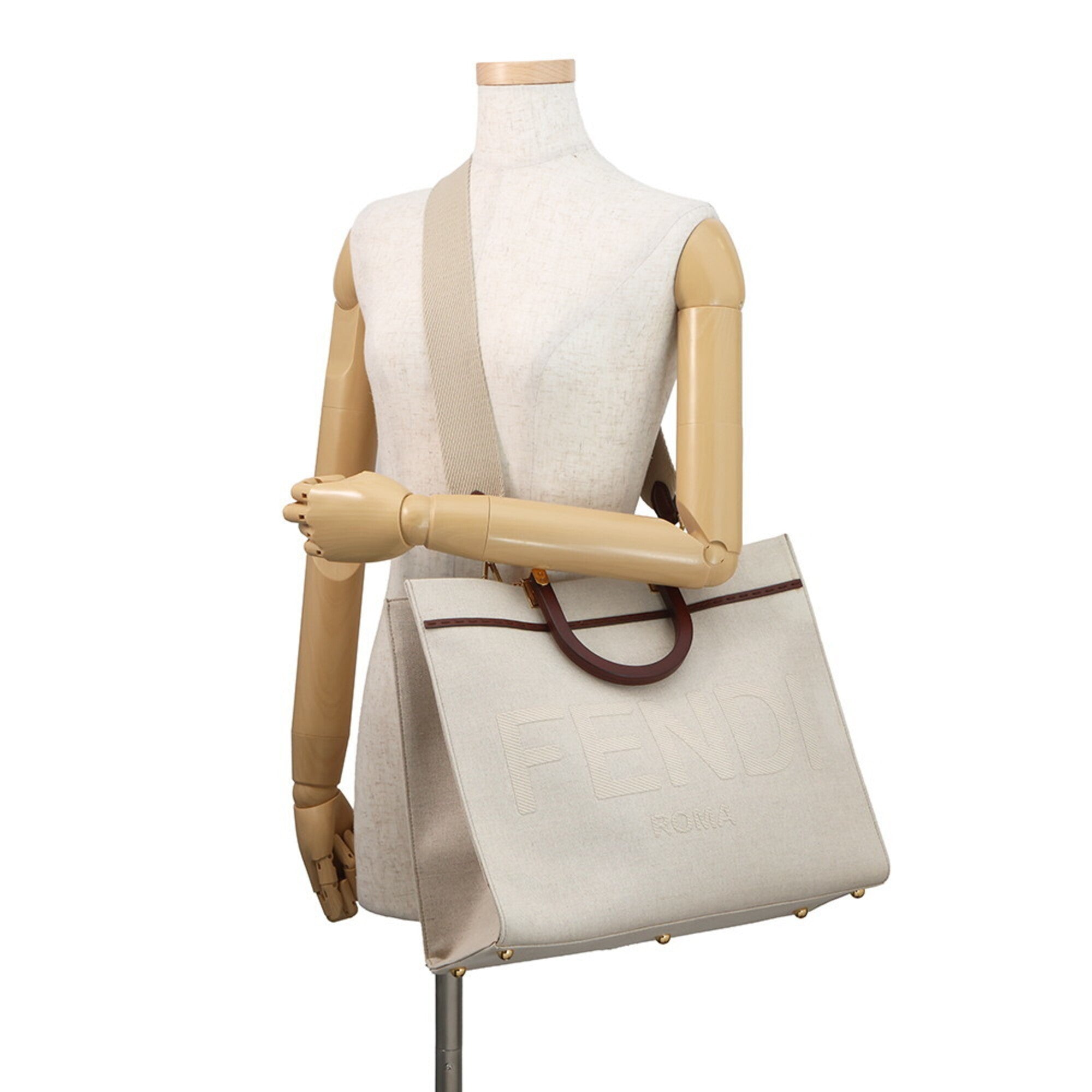 Fendi Brown Ivory Canvas Leather Handbag Shoulder Bag Tote Bag (Pre-Owned)