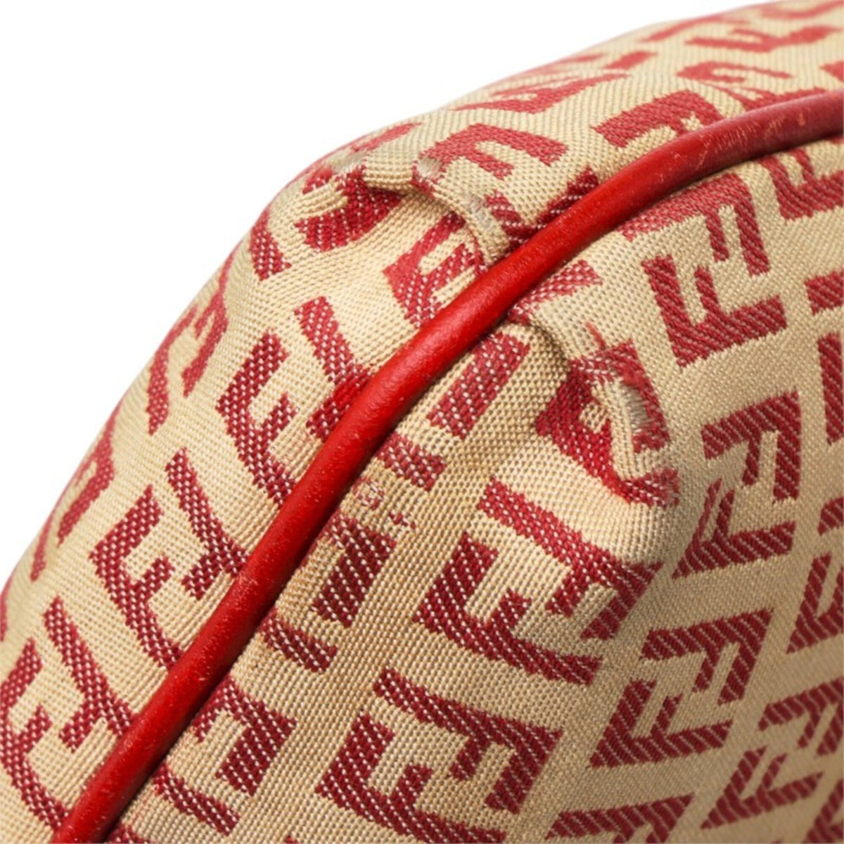 Fendi Zucchino Beige Red Color Canvas Leather Shoulder Bag (Pre-Owned)
