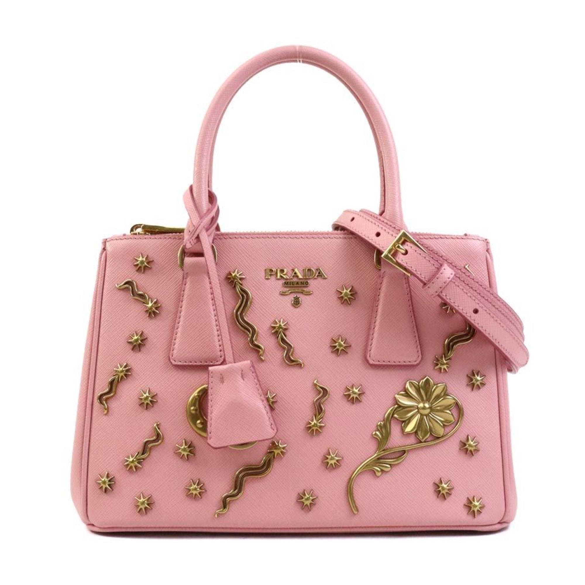Prada Gold Pink Leather Metal Handbag Shoulder Bag (Pre-Owned)