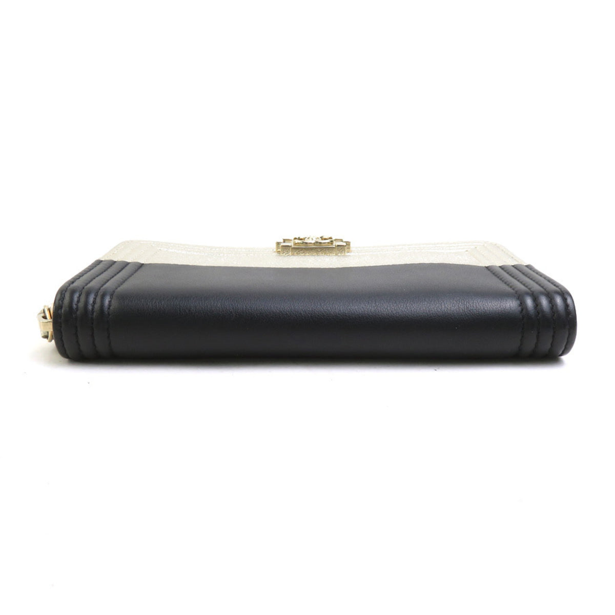 Chanel Gold Black Leather Long Wallet (Bi-Fold) (Pre-Owned)
