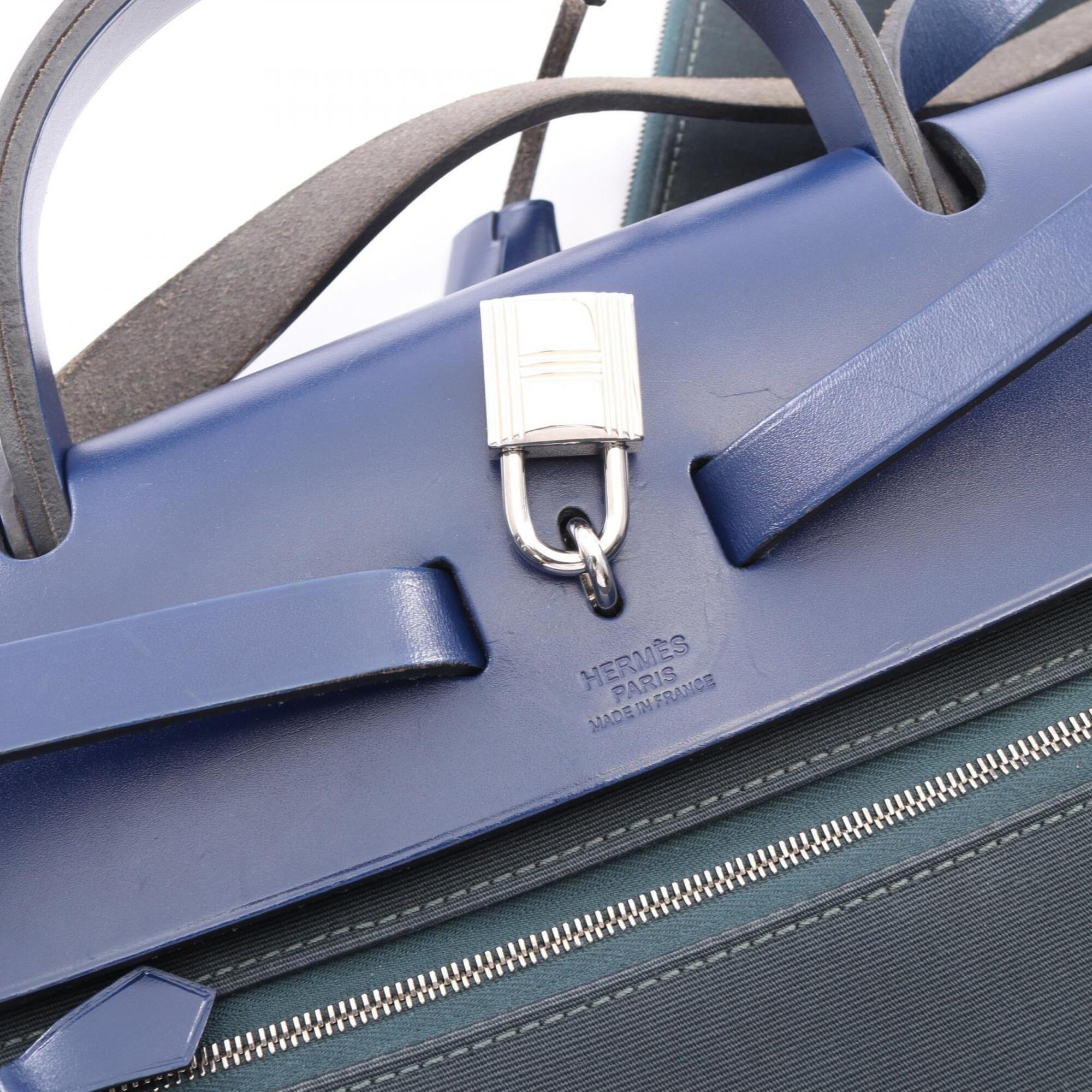 Hermes Blue Green Canvas Handbag (Pre-Owned)