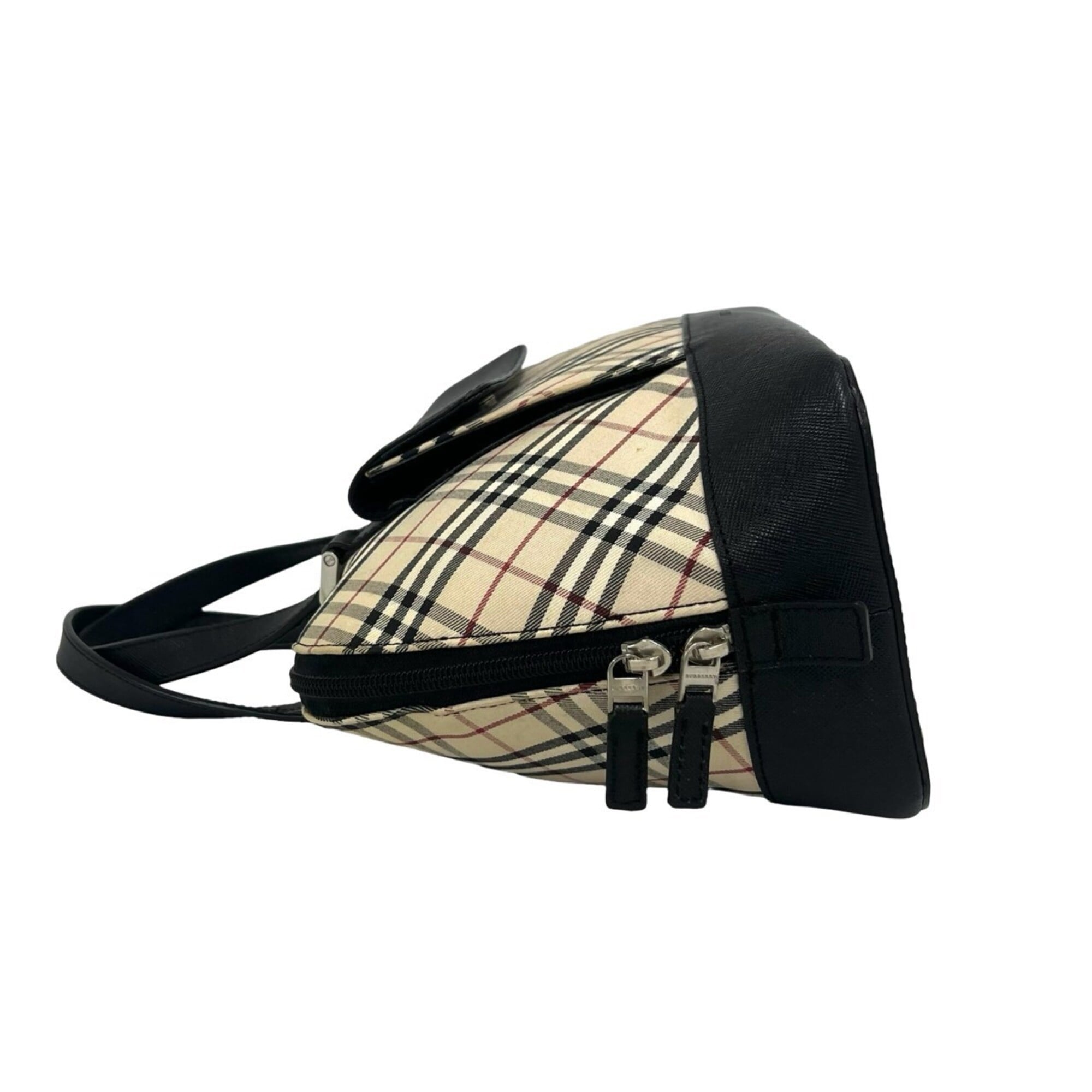 Burberry Beige Black Canvas Leather Boston Bag Handbag (Pre-Owned)