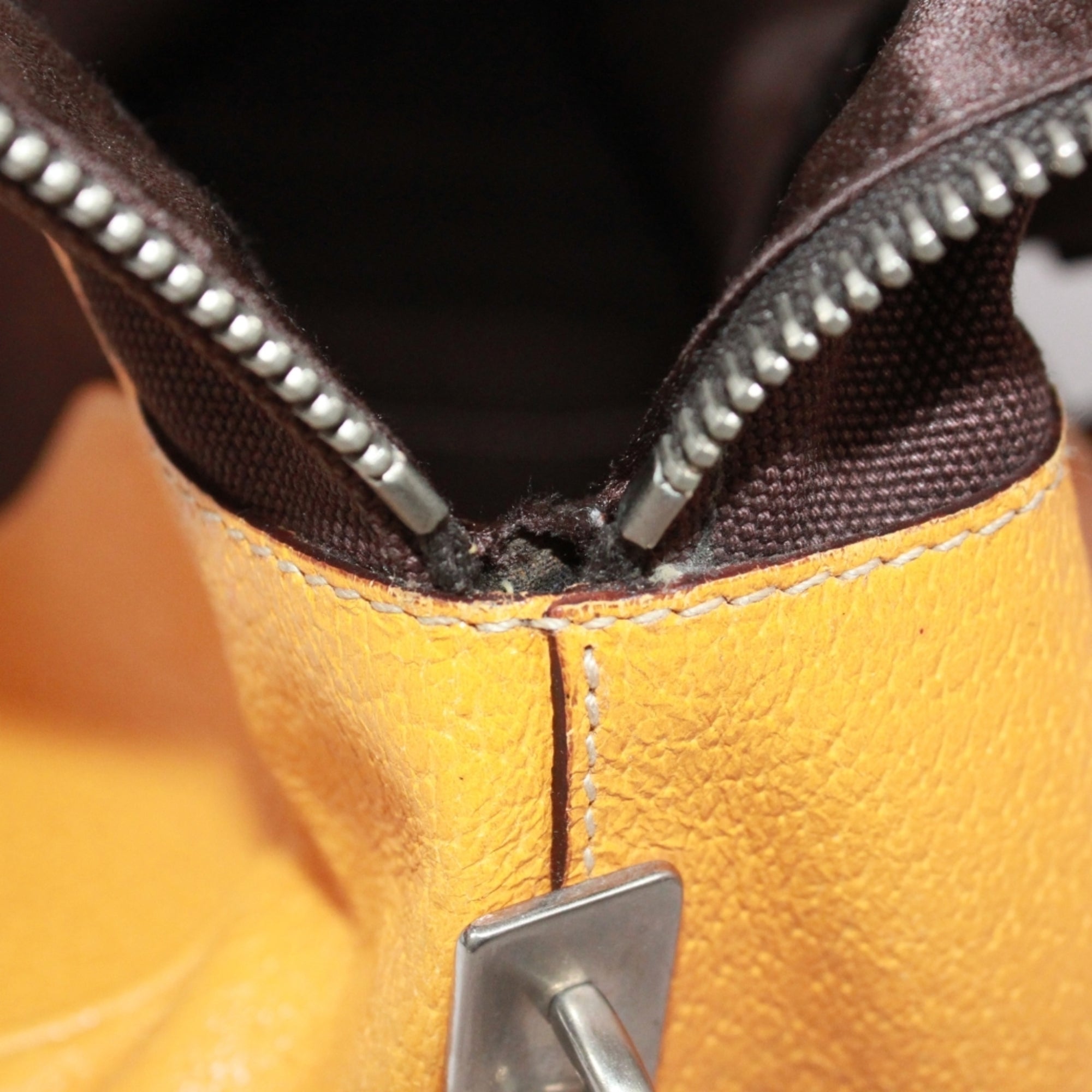 Prada Brown Yellow Leather Canvas Boston Bag Handbag (Pre-Owned)
