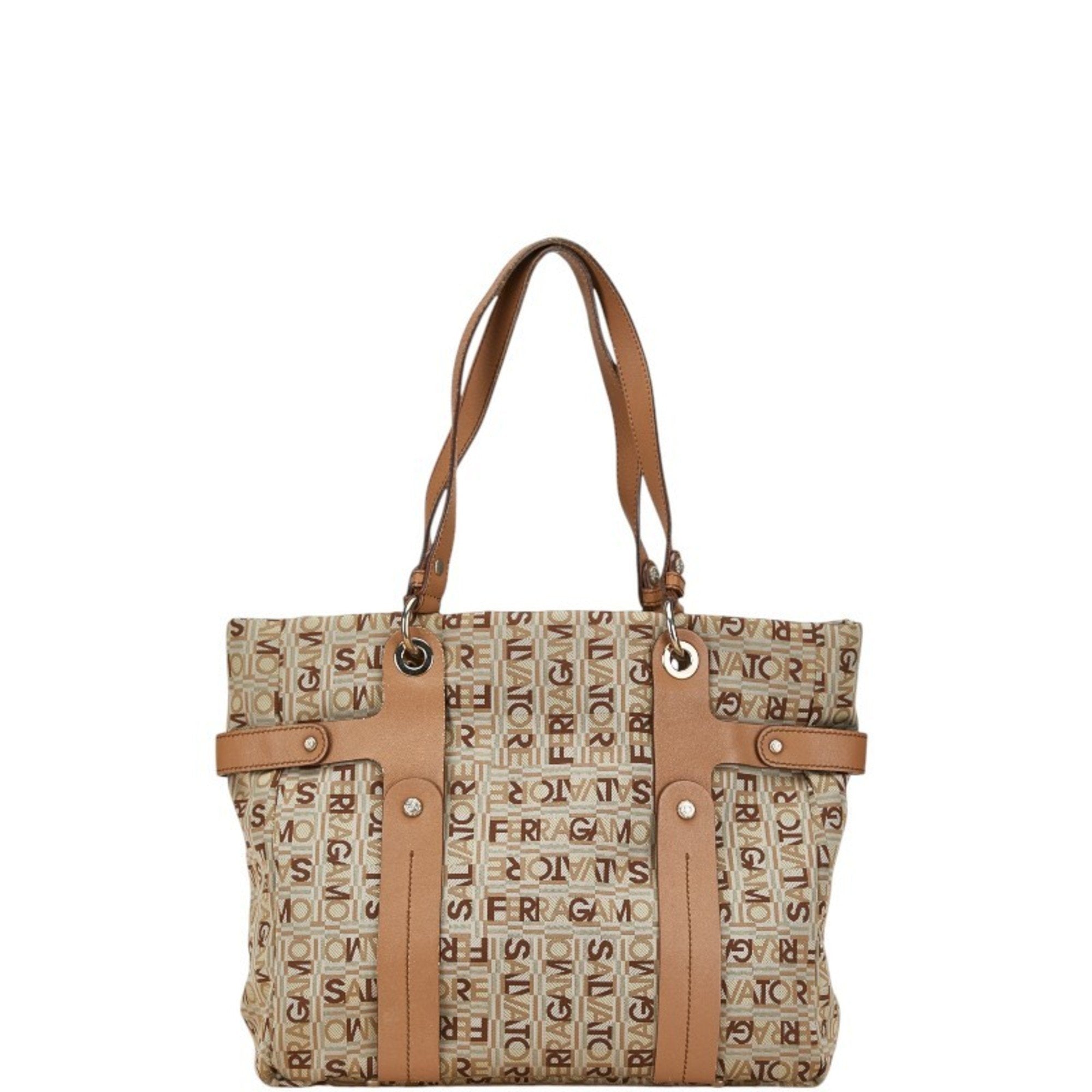 Salvatore Ferragamo Beige Gray Canvas Leather Shoulder Bag Tote Bag (Pre-Owned)