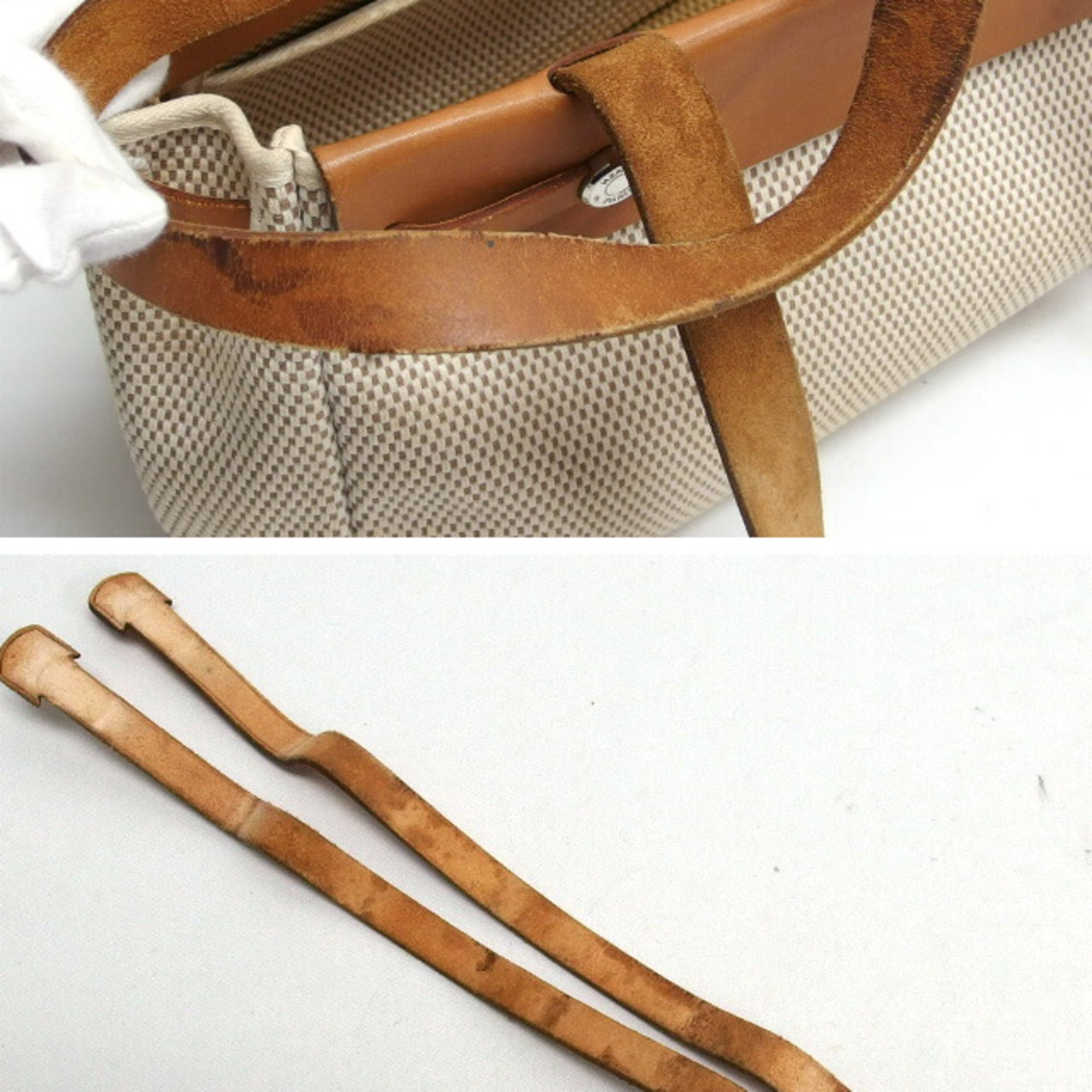 Hermes Beige Black Brown Canvas Leather Handbag Shoulder Bag Tote Bag (Pre-Owned)