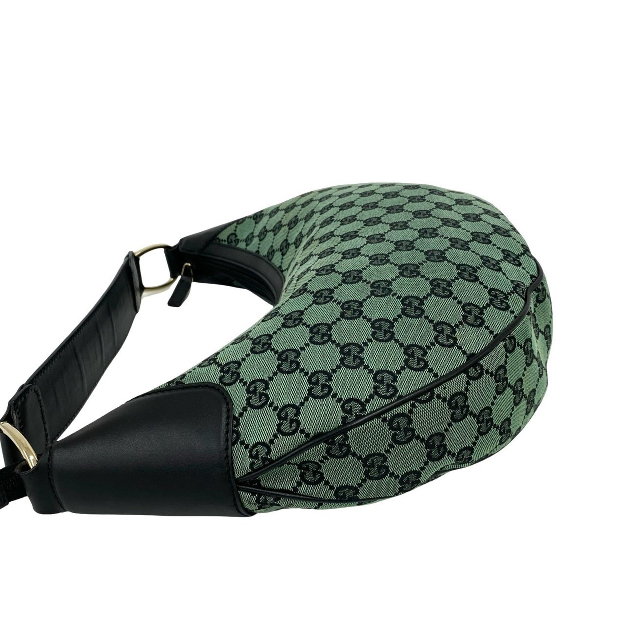 Gucci Black Green Canvas Leather Handbag Shoulder Bag (Pre-Owned)