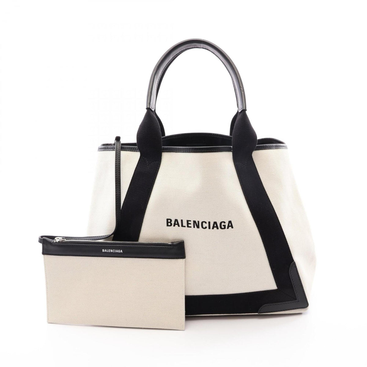 Balenciaga Black Ivory Canvas Leather Handbag Pouch Tote Bag (Pre-Owned)