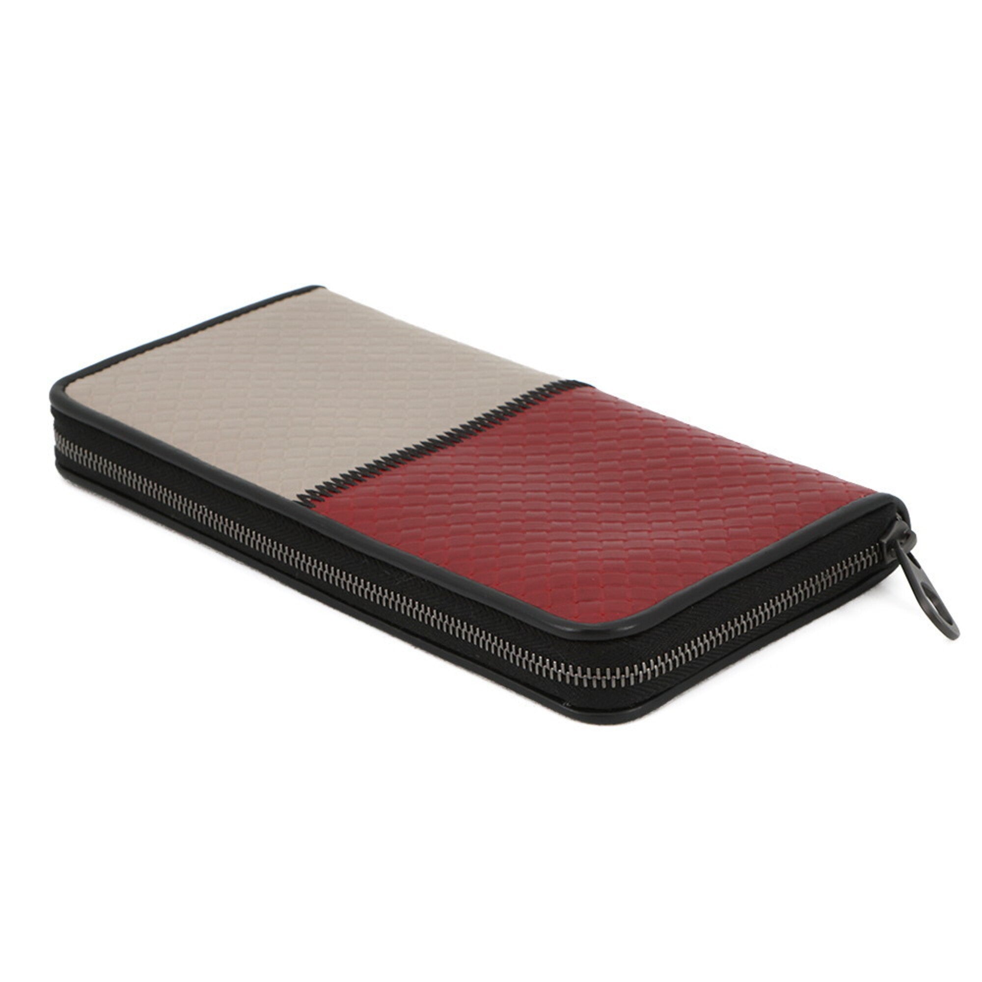 Bottega Veneta Intrecciato Gray Red Color Leather Long Wallet (Bi-Fold) (Pre-Owned)