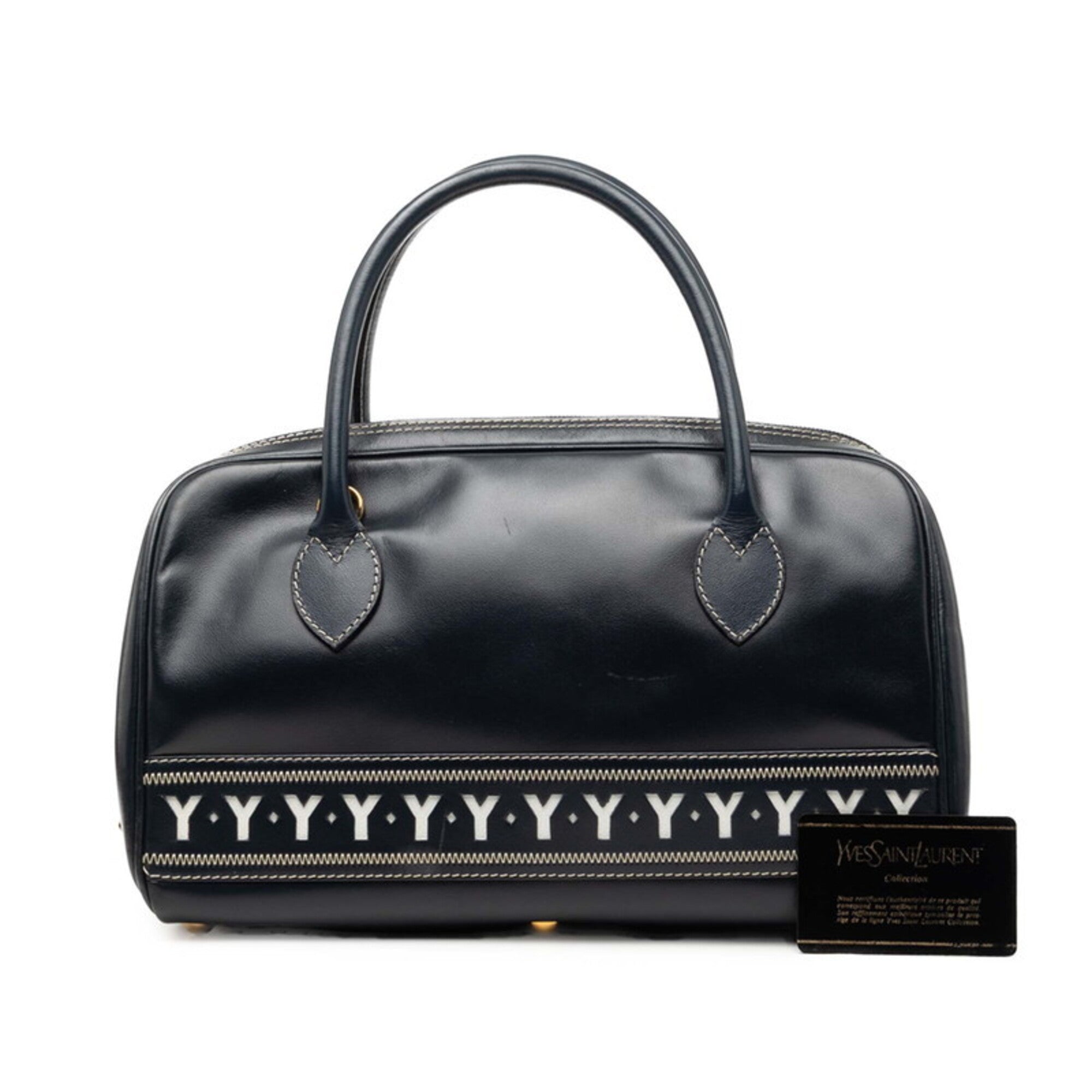 Saint Laurent Navy White Leather Boston Bag Handbag (Pre-Owned)
