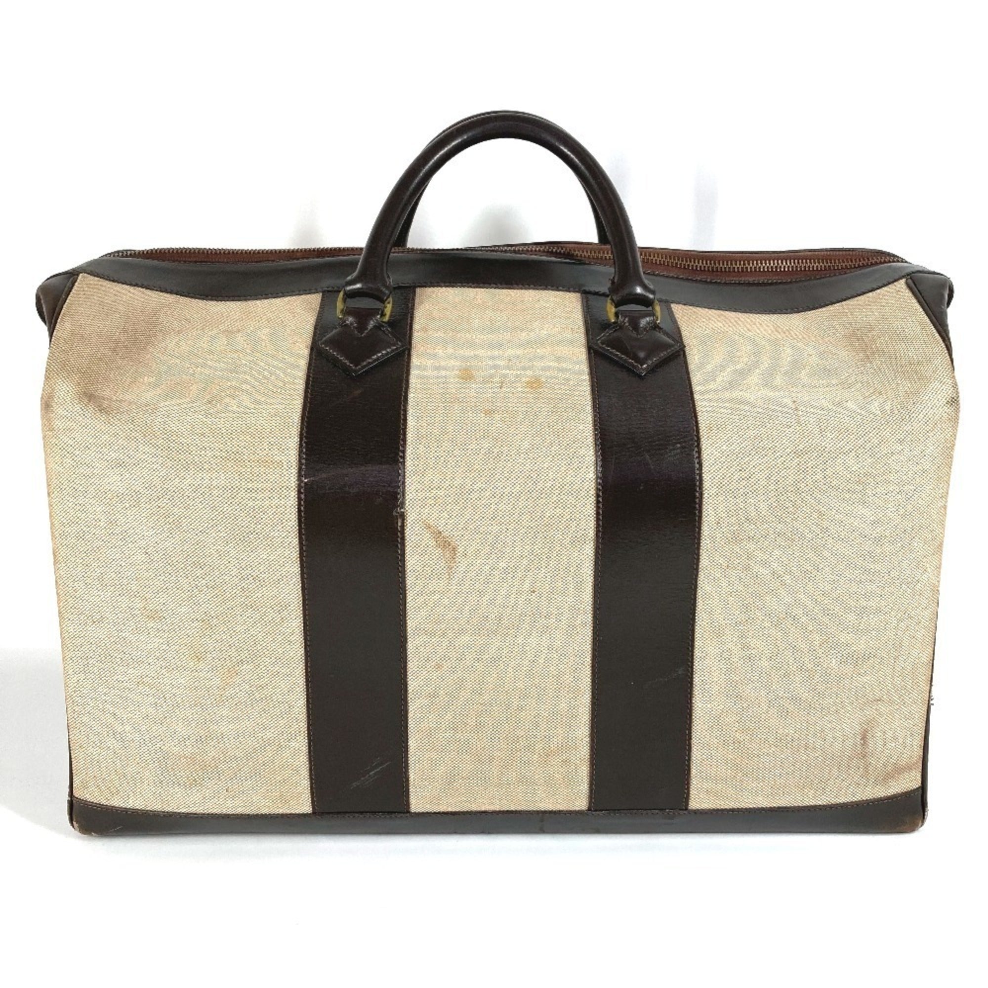 Hermes Beige Dark Brown Leather Canvas Boston Bag (Pre-Owned)
