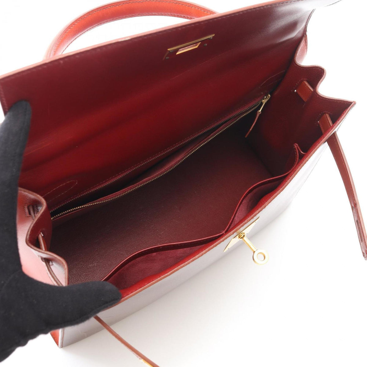 Hermes Bordeaux Brique Brown Rouge H Box Calf Leather Leather Handbag (Pre-Owned)