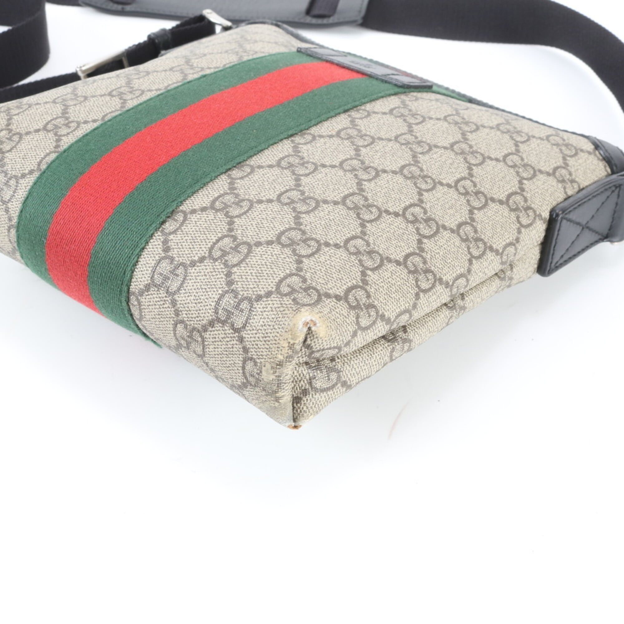 Gucci Beige Black Red Color Leather Coated Canvas Messenger Bag Shoulder Bag (Pre-Owned)