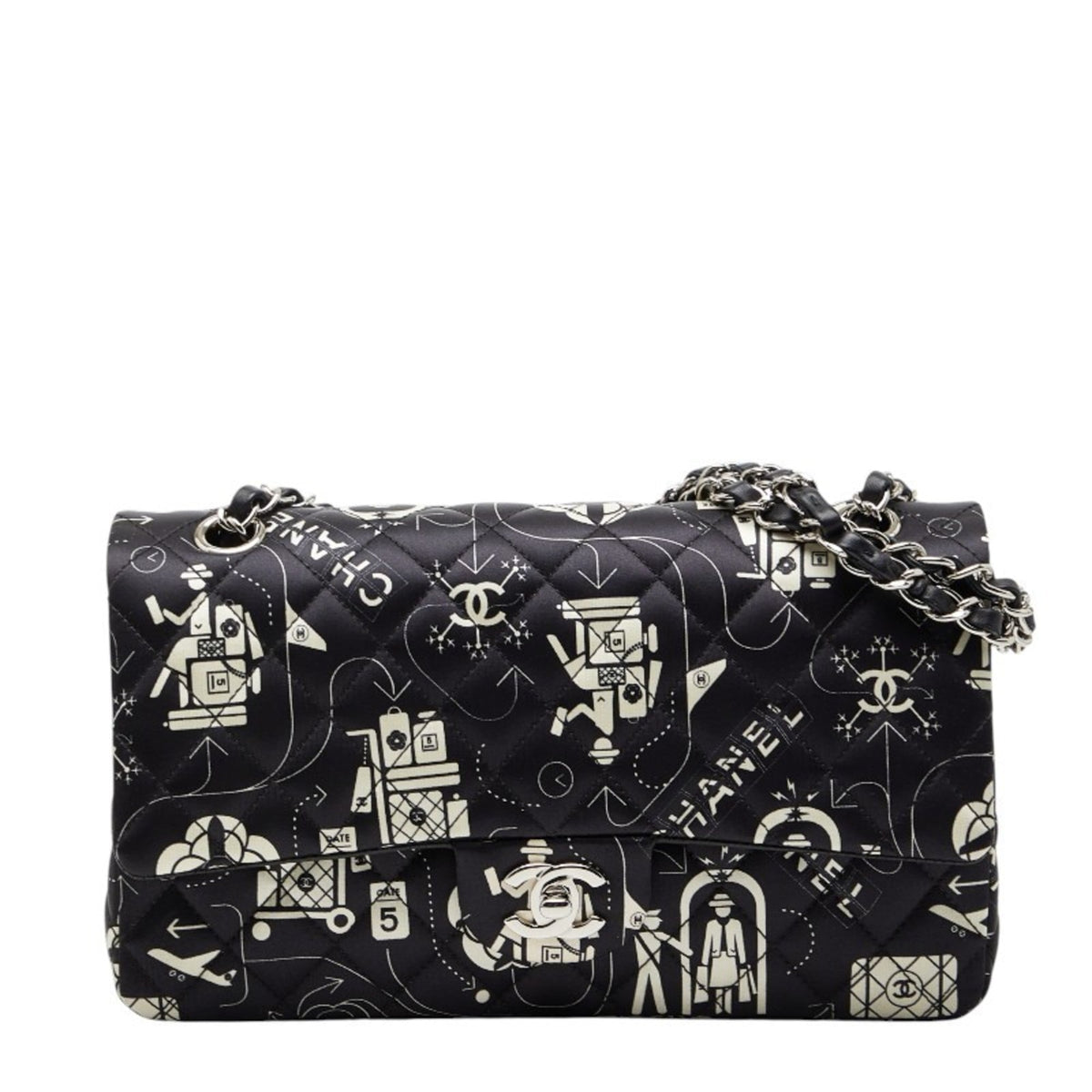 Chanel Black White Satin Leather Shoulder Bag (Pre-Owned)