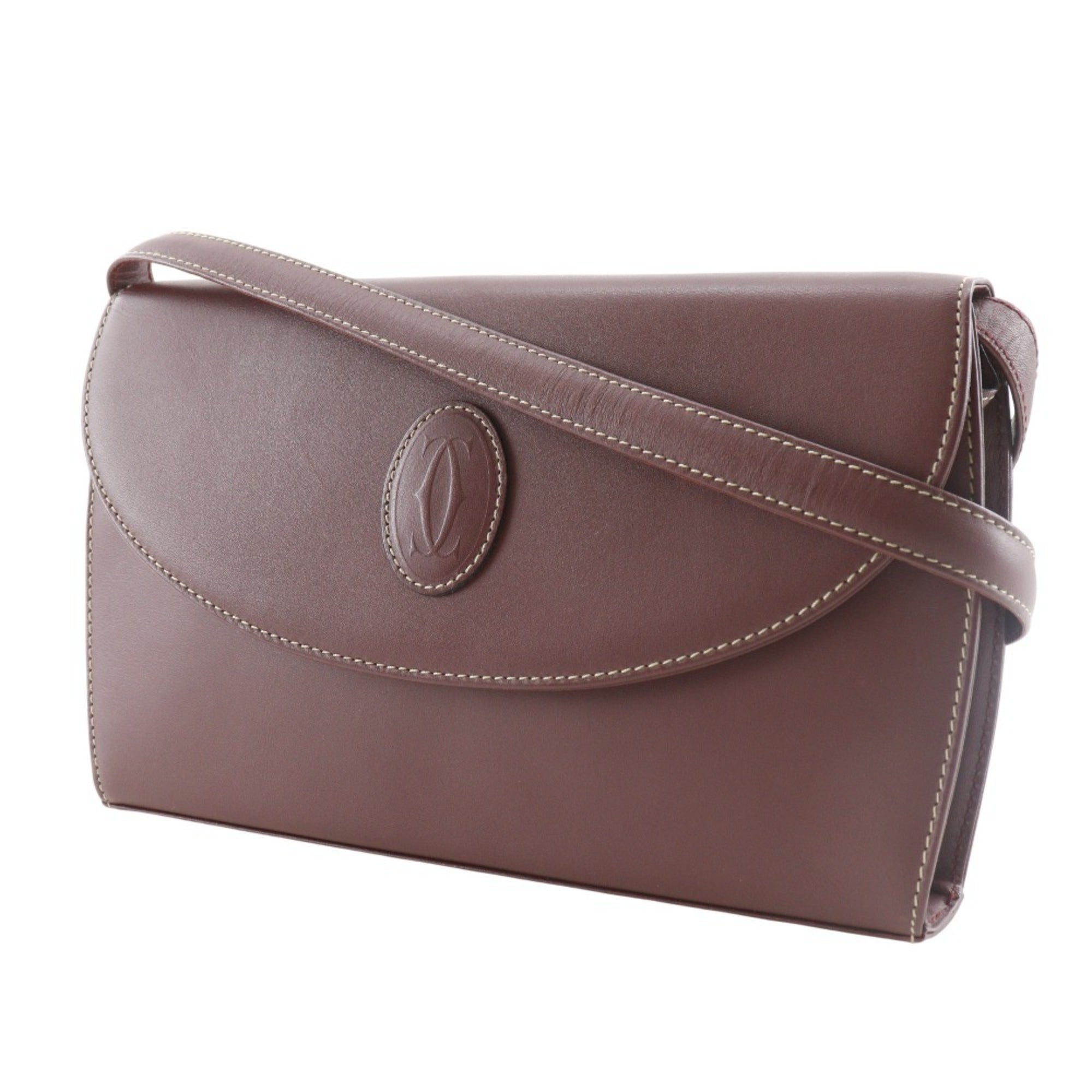 Cartier Bordeaux Red Color Wine Red Leather Shoulder Bag (Pre-Owned)