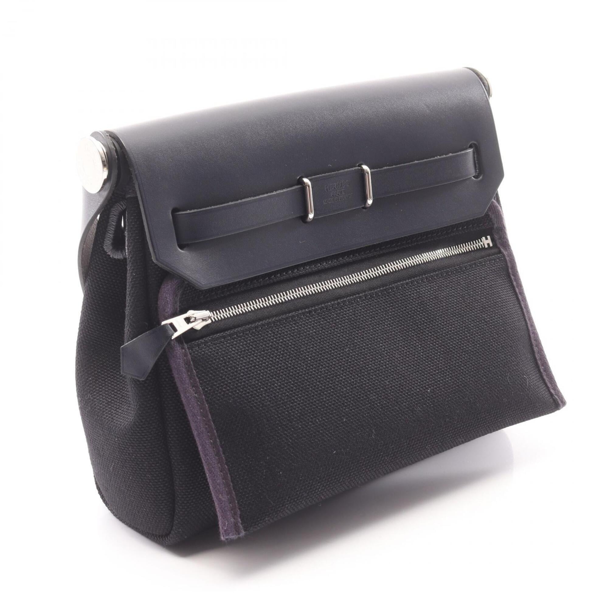 Hermes Black Blue Nuit Navy Canvas Leather Handbag Shoulder Bag (Pre-Owned)
