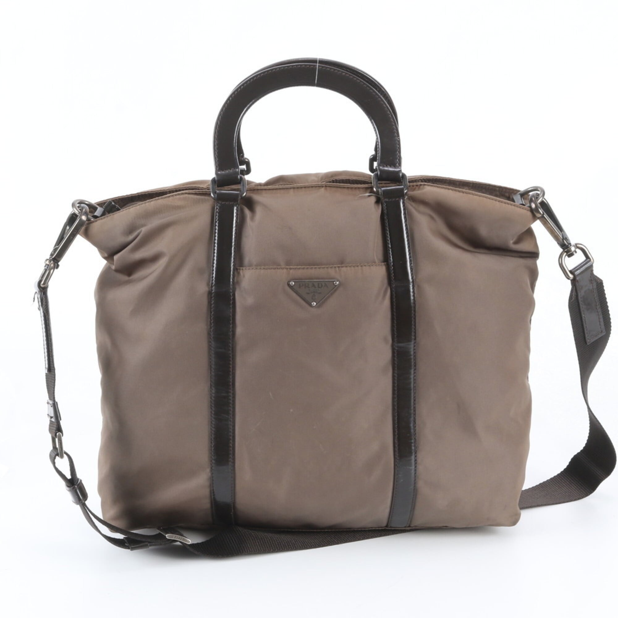 Prada Brown Leather Nylon Shoulder Bag Tote Bag (Pre-Owned)
