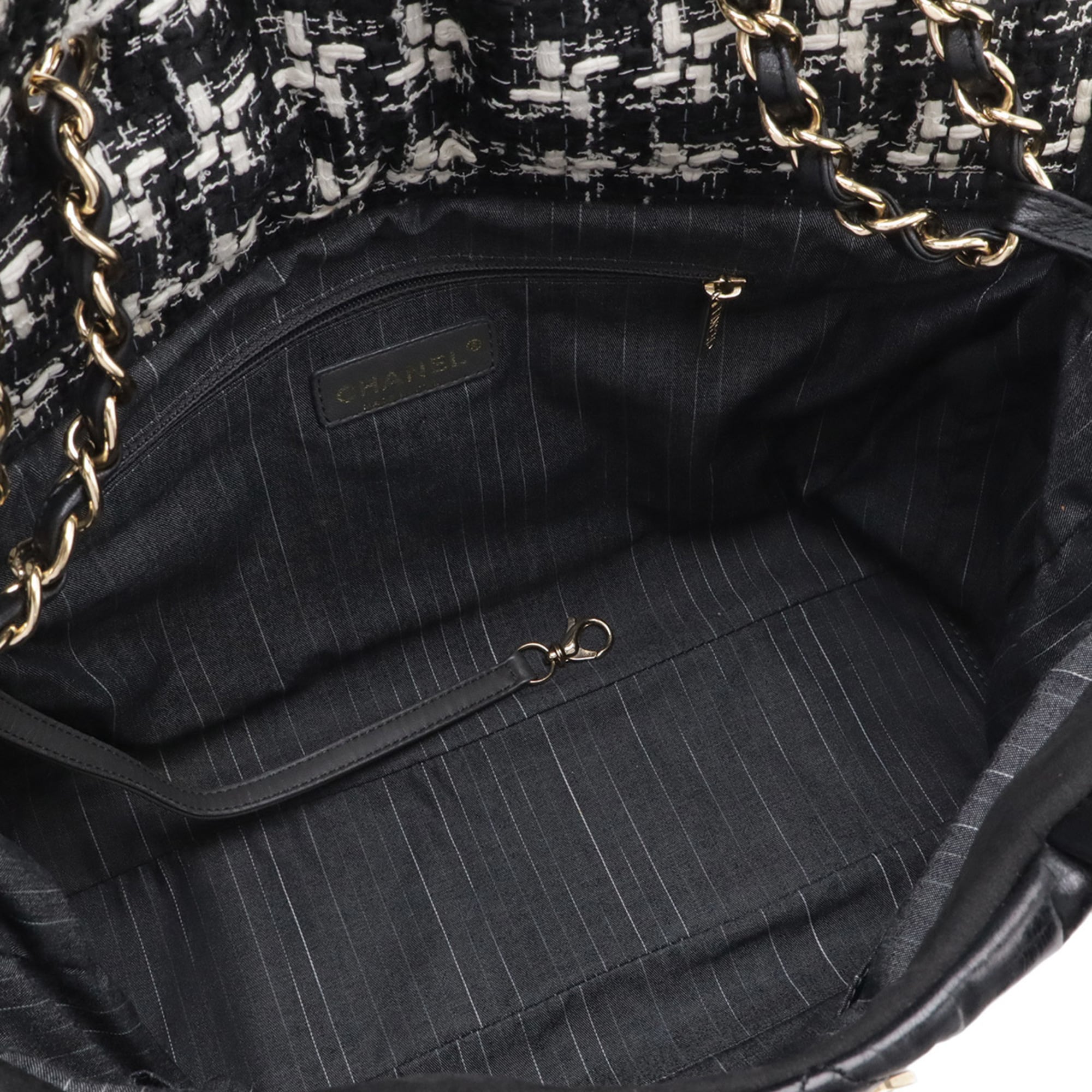 Chanel Black Ivory Leather Tweed Shoulder Bag Tote Bag (Pre-Owned)