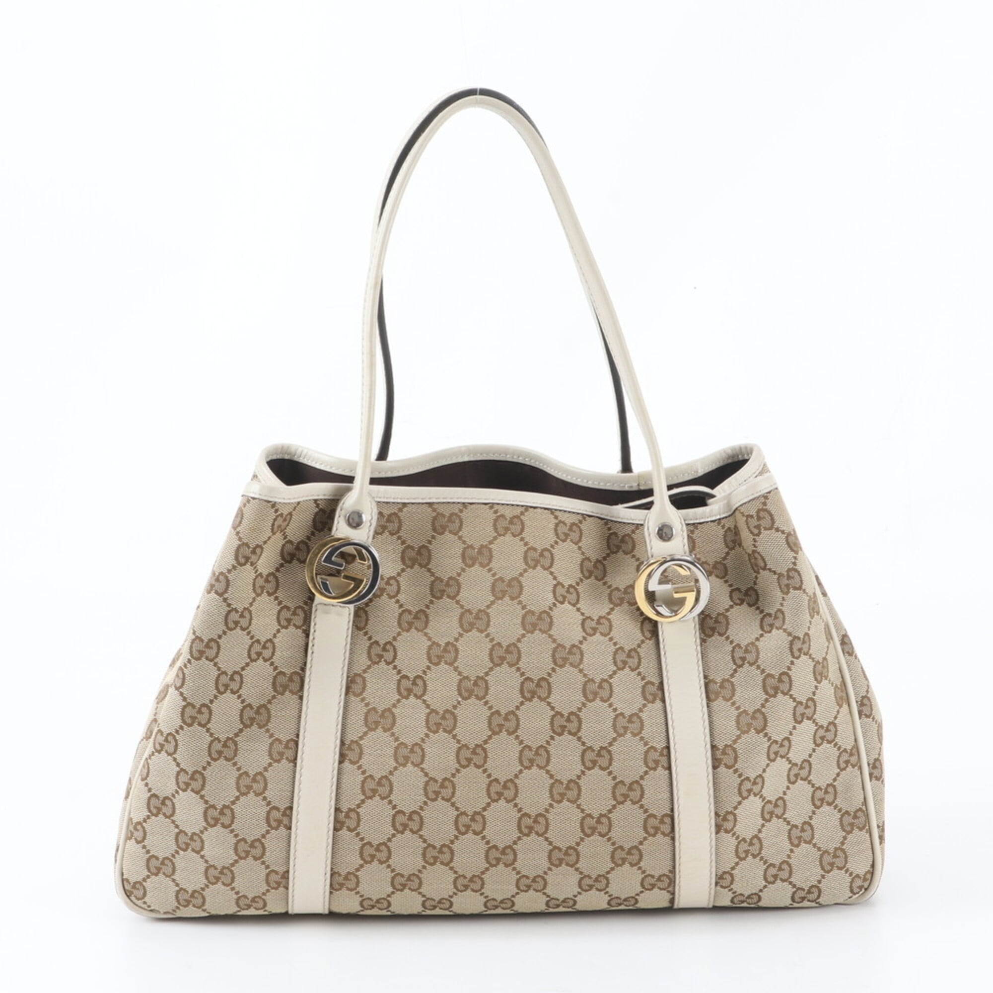 Gucci Gg Canvas Brown White Gg Canvas Leather Handbag Tote Bag (Pre-Owned)