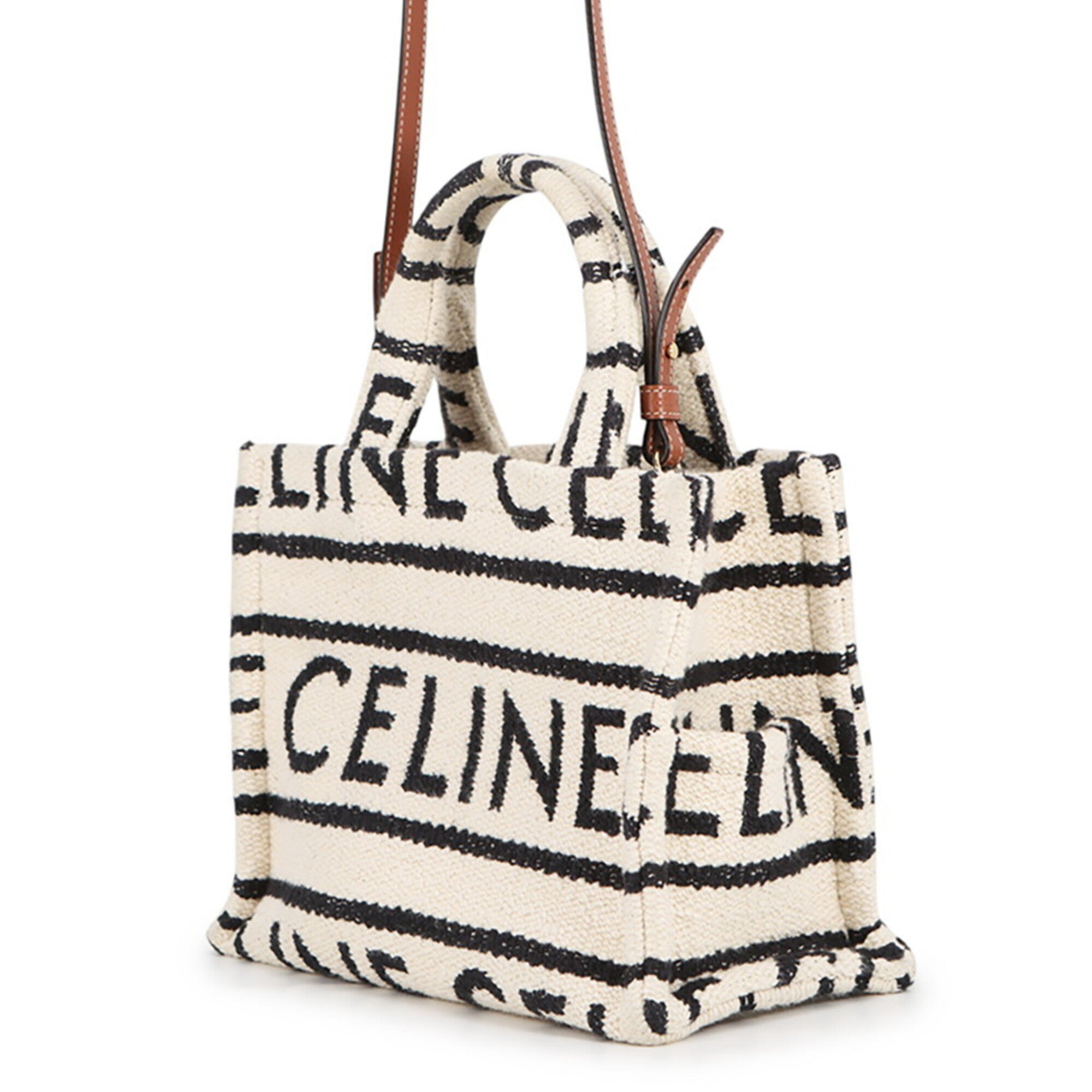 Celine Cabas Black White Cotton Leather Handbag Shoulder Bag (Pre-Owned)