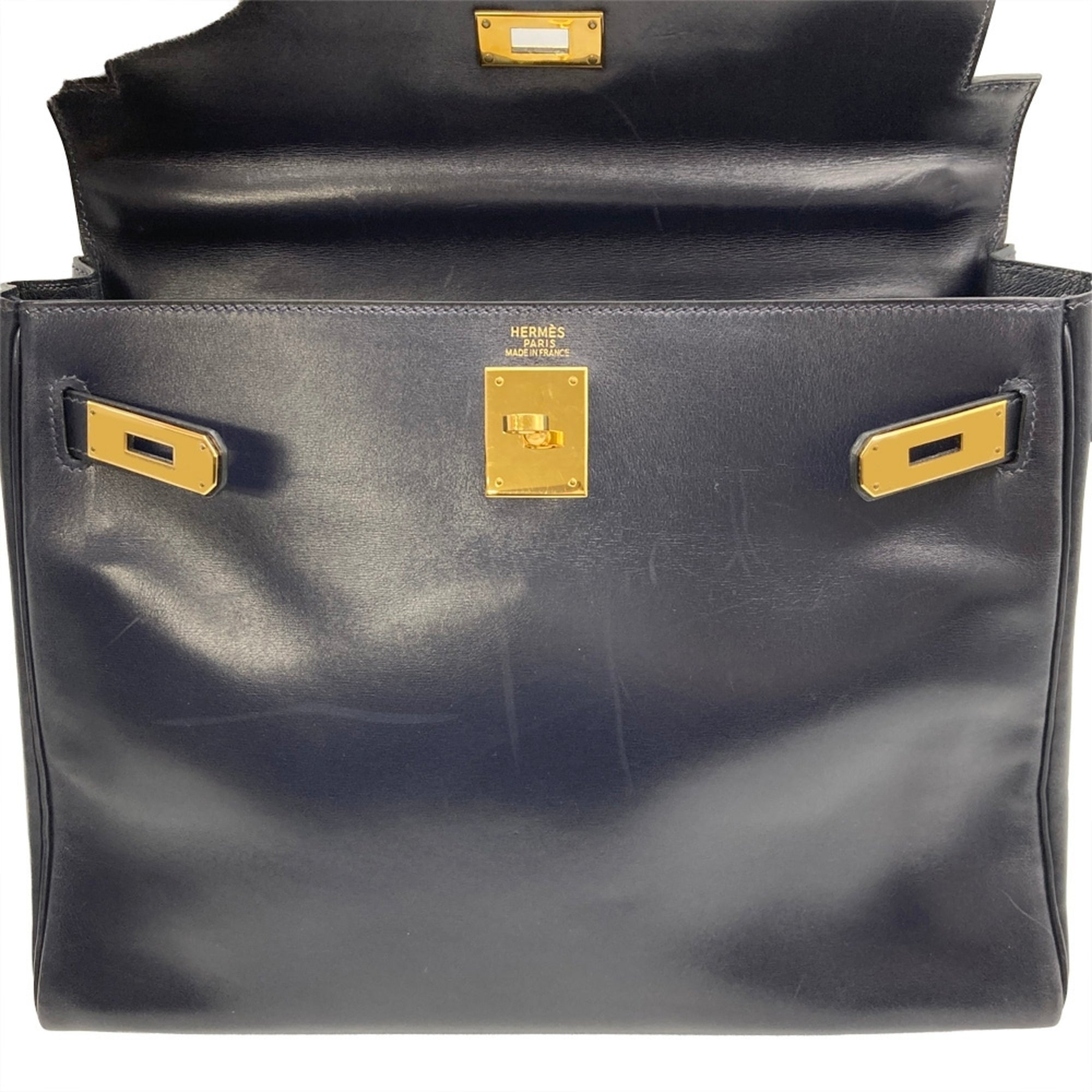 Hermes Navy Box Calf Leather Handbag (Pre-Owned)