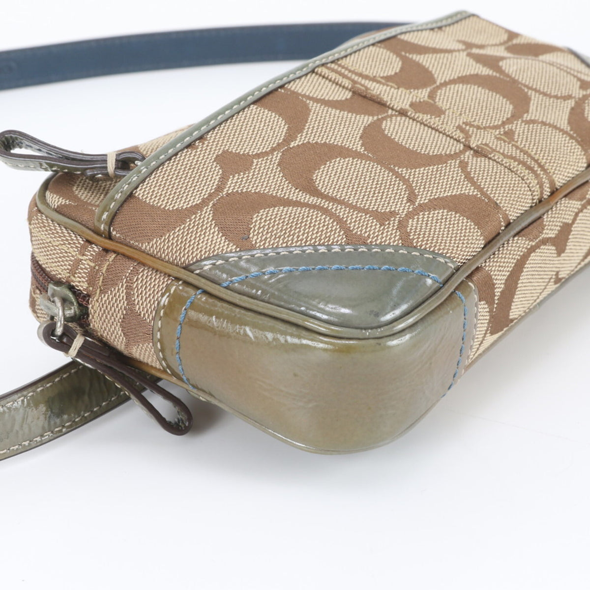 Coach Beige Smoke Green Leather Canvas Pouch Shoulder Bag Sling Bag (Pre-Owned)