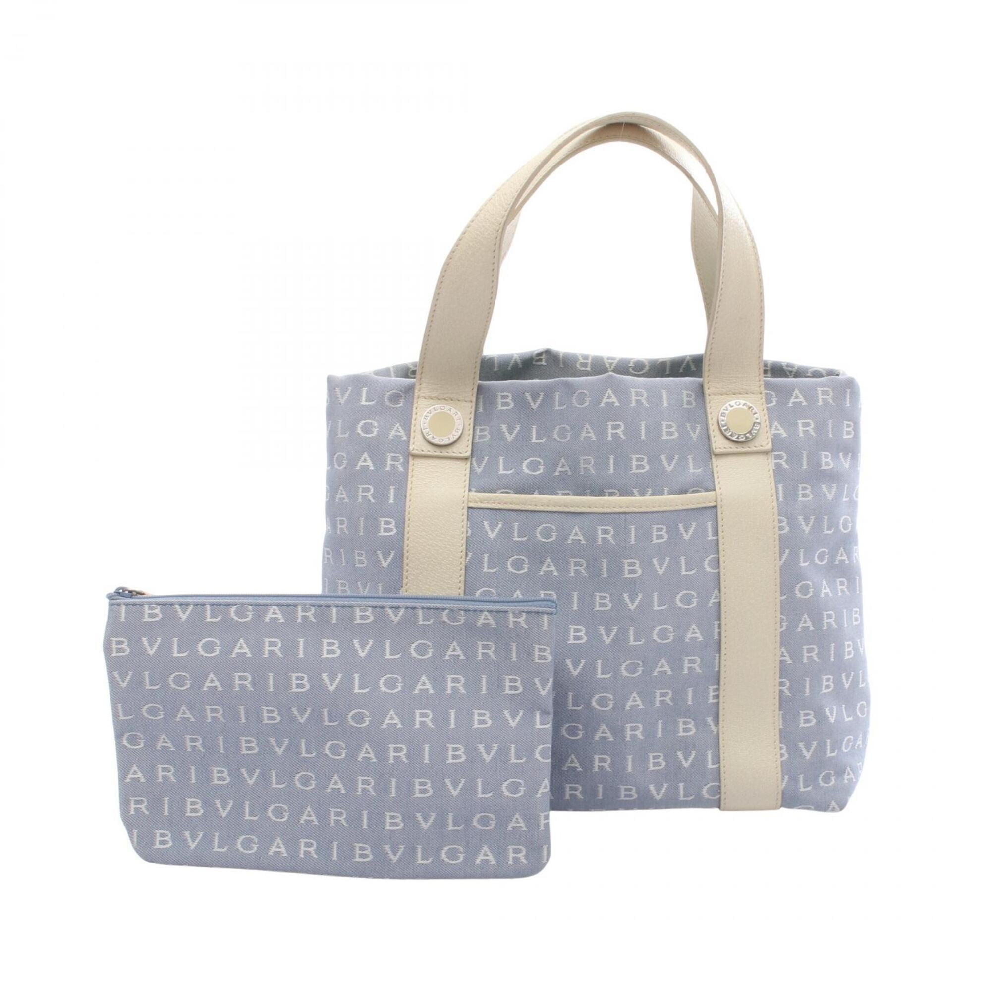 Bvlgari Blue Ivory Canvas Leather Handbag Tote Bag (Pre-Owned)