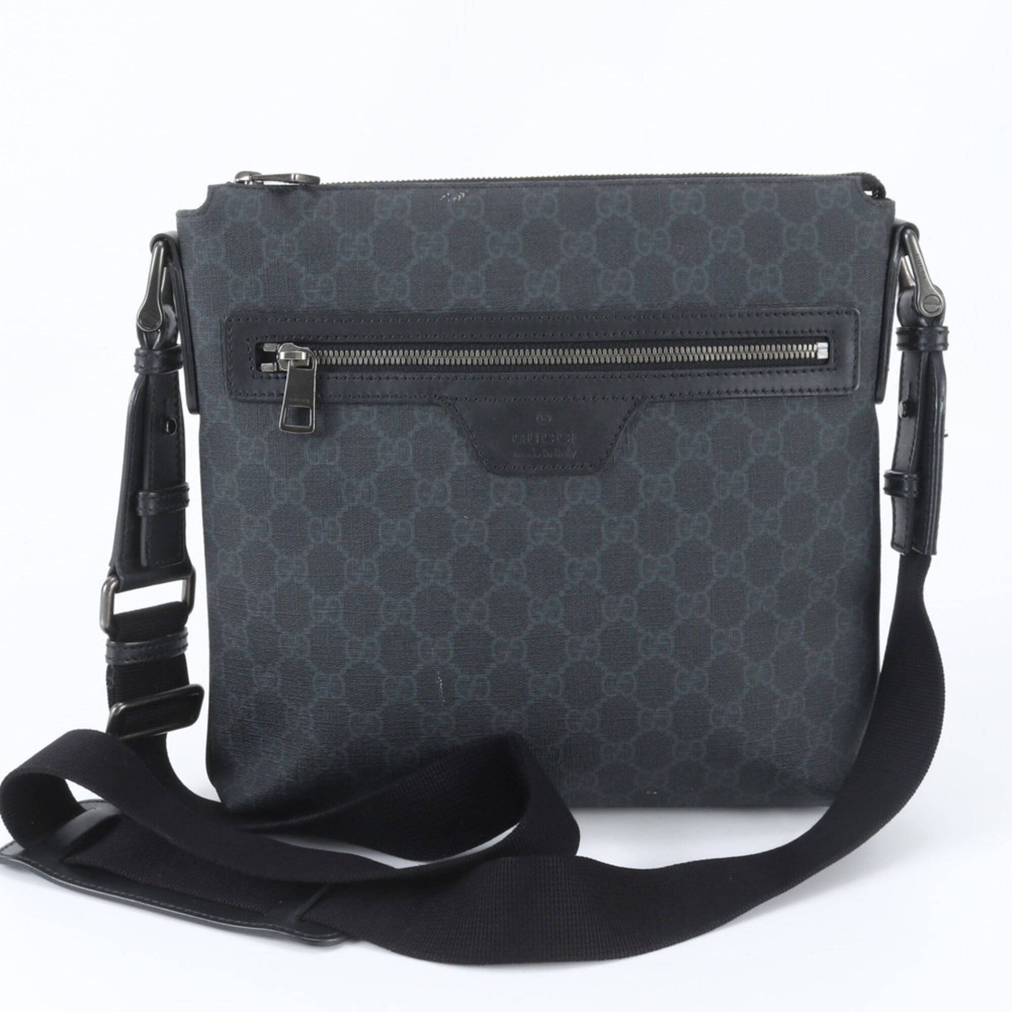 Gucci Black Navy Leather Coated Canvas Messenger Bag Shoulder Bag (Pre-Owned)