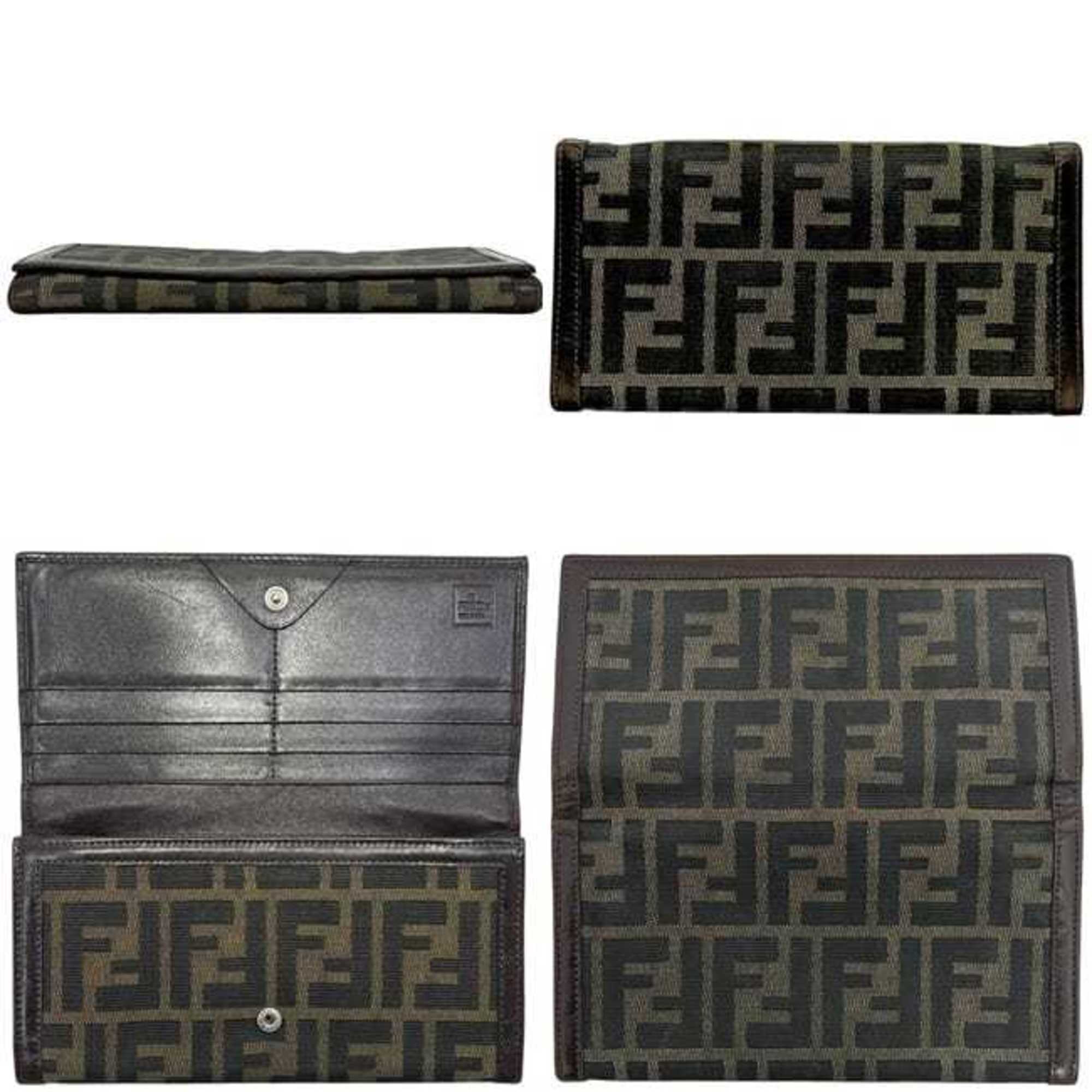 Fendi Brown Green Khaki Canvas Leather Long Wallet (Bi-Fold) (Pre-Owned)