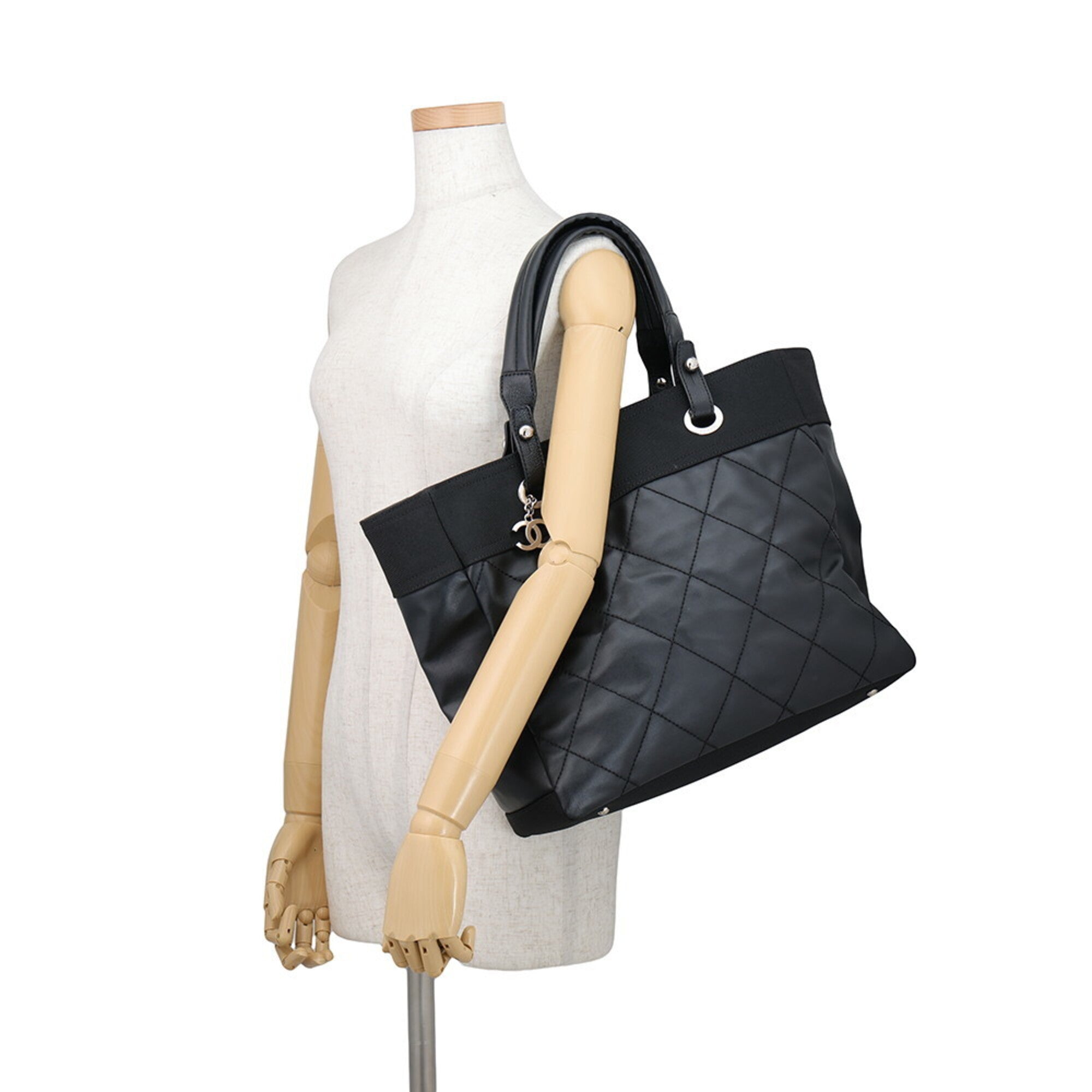 Chanel Black Leather Canvas Tote Bag (Pre-Owned)