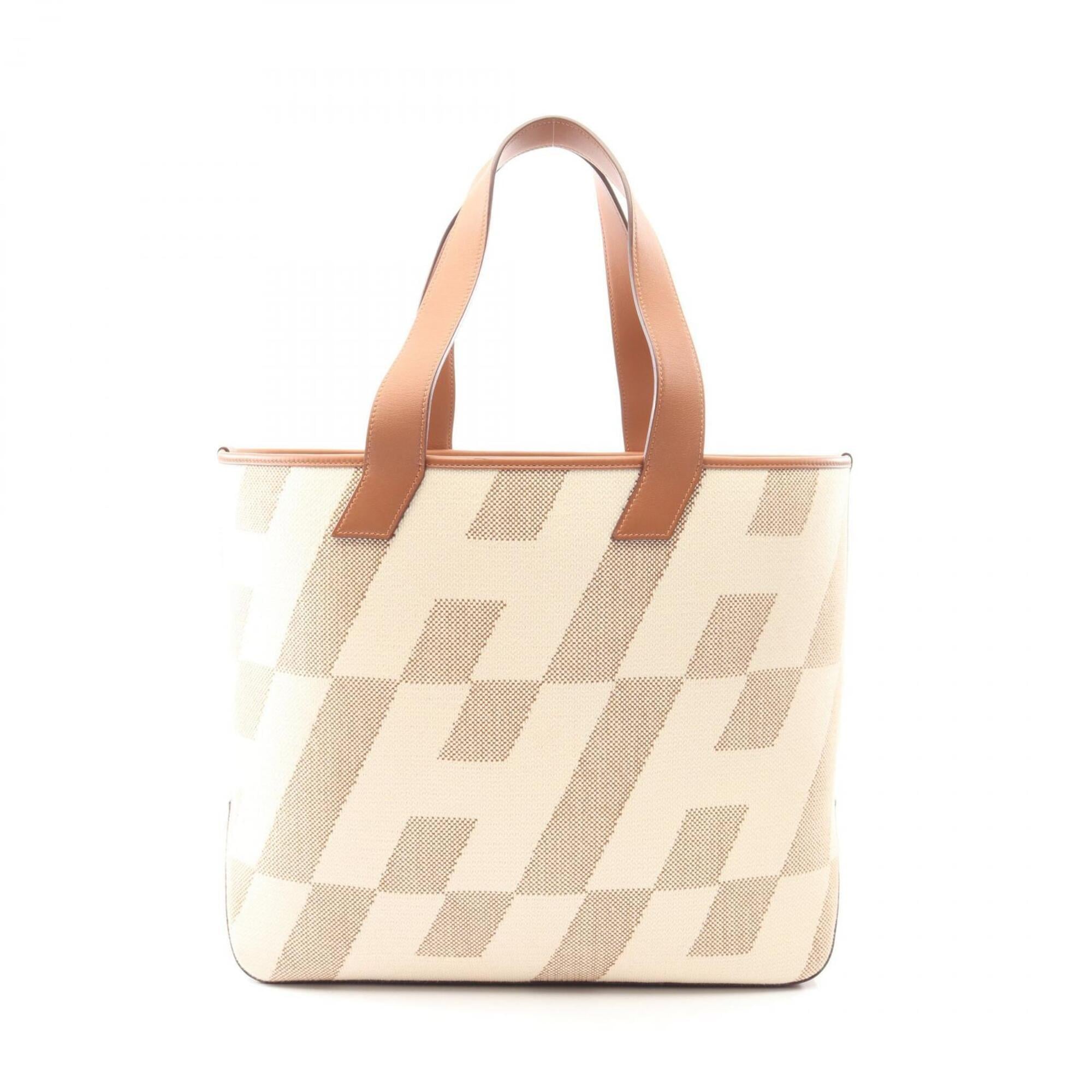 Hermes Brown Ecru Ivory Canvas Swift Leather Handbag Tote Bag (Pre-Owned)