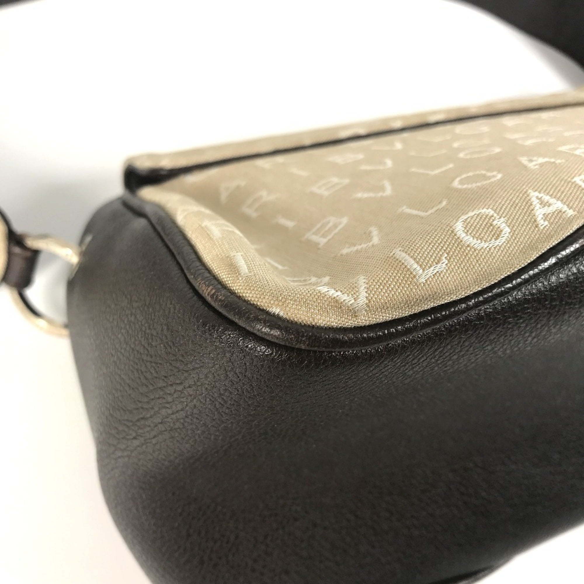 Bvlgari Logomania Beige Dark Brown Leather Canvas Handbag Shoulder Bag (Pre-Owned)