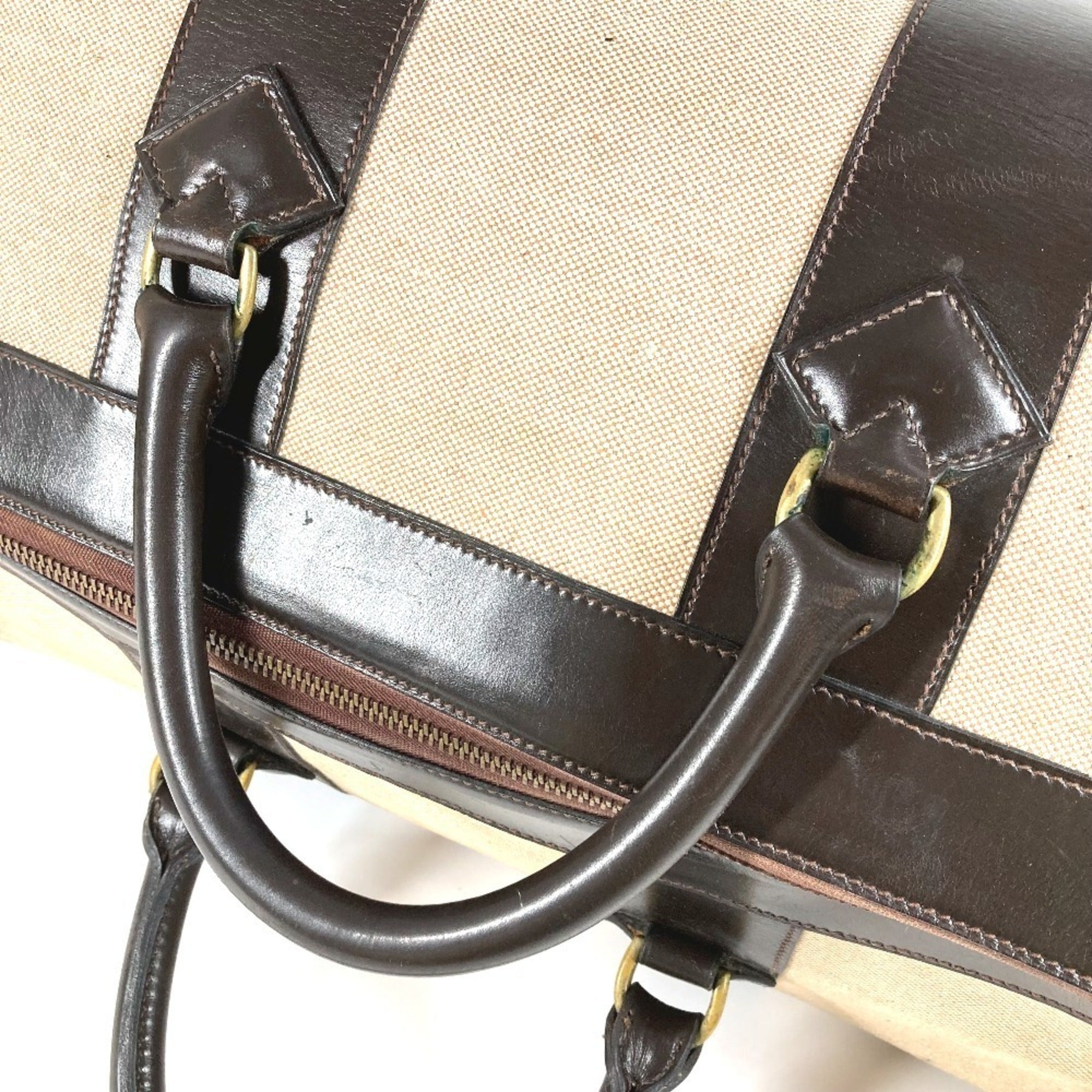 Hermes Beige Dark Brown Leather Canvas Boston Bag (Pre-Owned)
