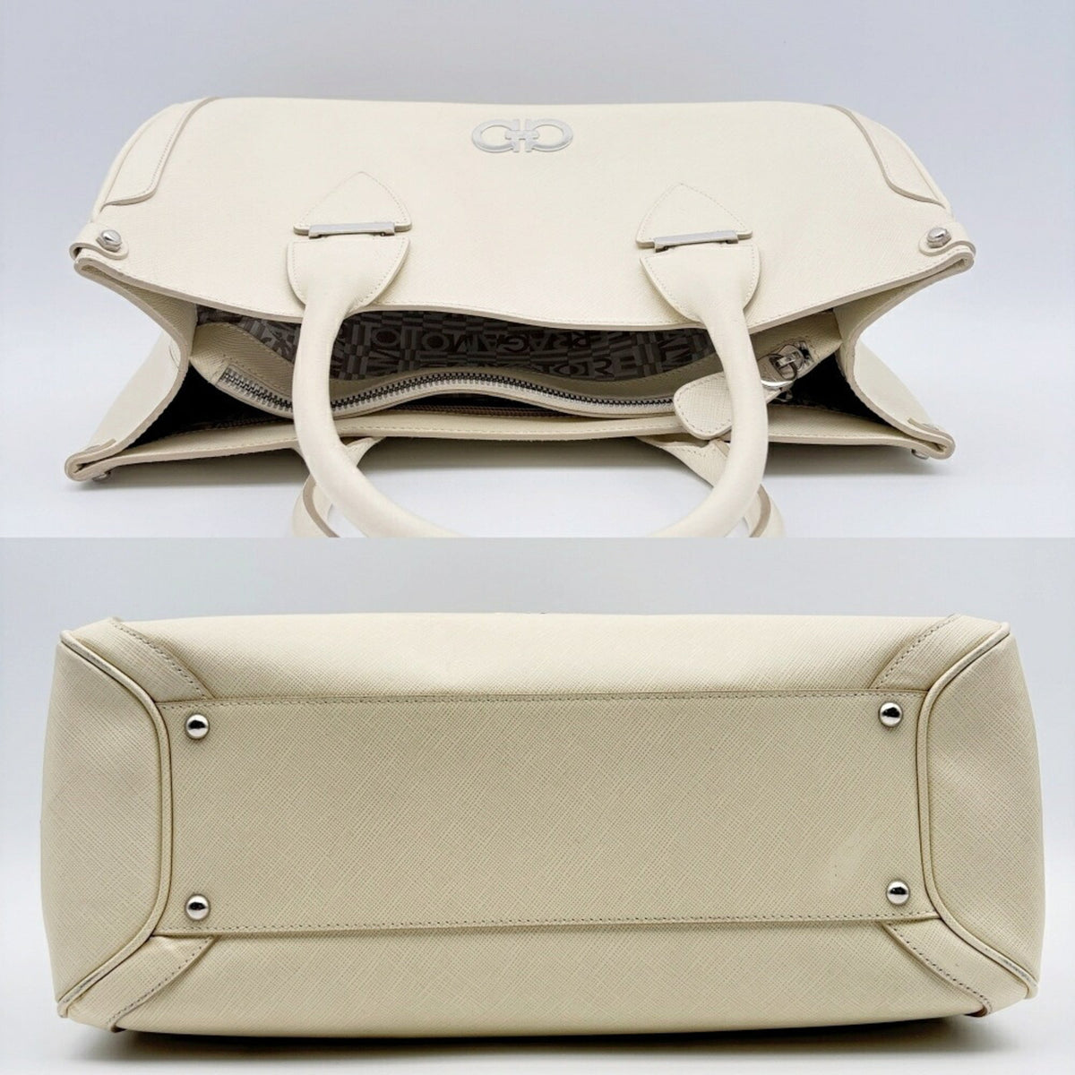 Salvatore Ferragamo Gancini Ivory Leather Tote Bag (Pre-Owned)