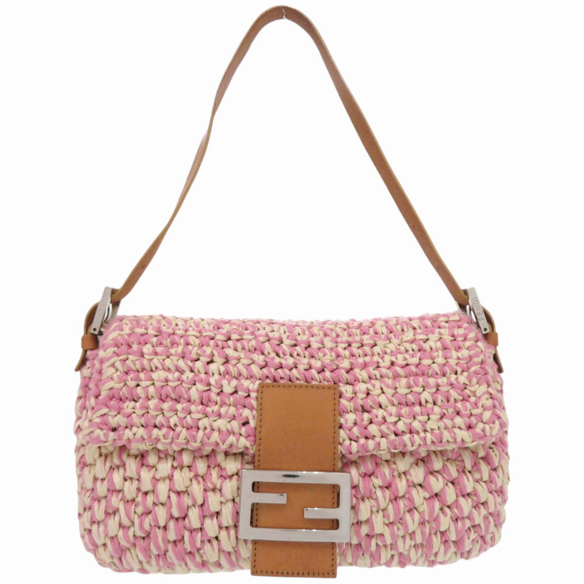 Fendi Brown Ivory Pink Straw Cotton Leather Handbag Shoulder Bag (Pre-Owned)